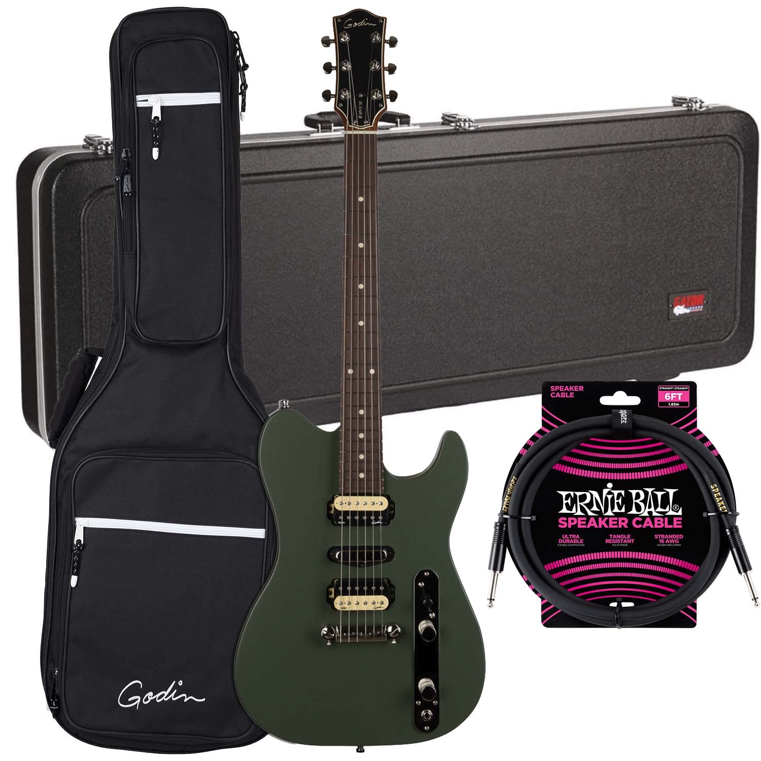 Godin Radium Electric Guitar Matte Green with Gator GC-Electric-A Case & Ernie Ball Cable Bundle - Perfect for Stage Performances, Studio Recording & Home Practice
