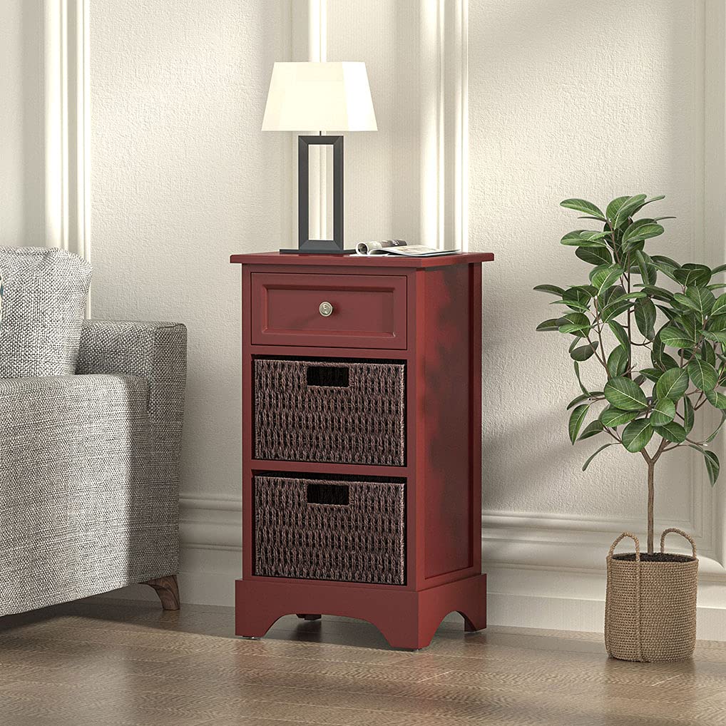 Farmhouse Wicker Storage Cabinet with 1 Drawer & 2 Baskets - Entryway, Living Room, Bedroom Organizer | Rustic Red Storage Furniture for Home Decor & Clutter Control