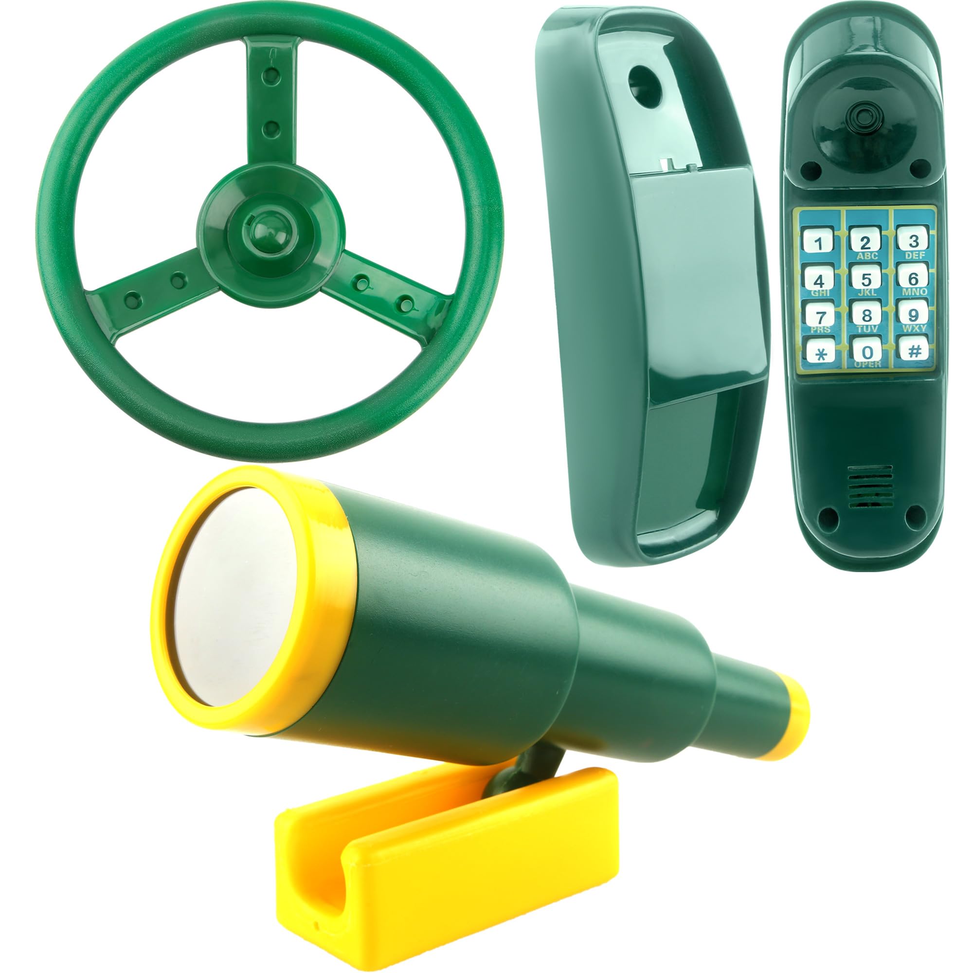Kids Outdoor Playground Swing Set Accessories - Plastic Steering Wheel, Telescope & Telephone Toy for Backyard, Treehouse & Park Play (Fun for Pretend Play & Adventure)