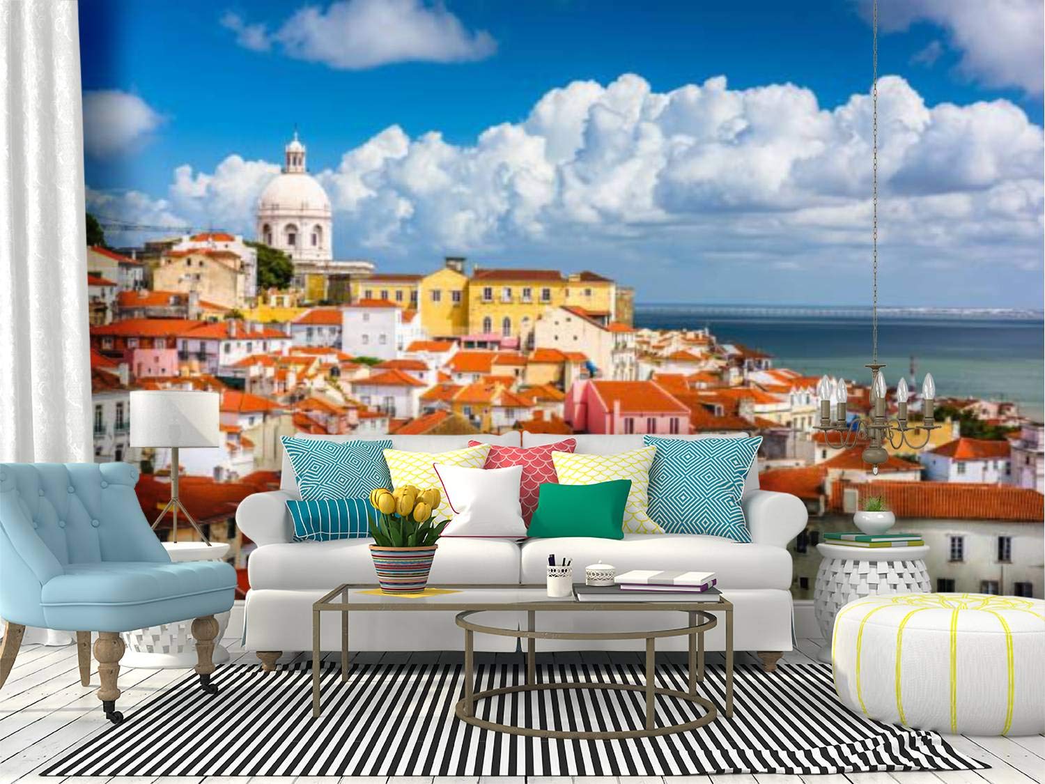 Lisbon Portugal Skyline Peel and Stick Wallpaper - Self-Adhesive Removable Vinyl Wall Mural for Home Decor | Perfect for Living Room, Bedroom, and Office Accent Walls