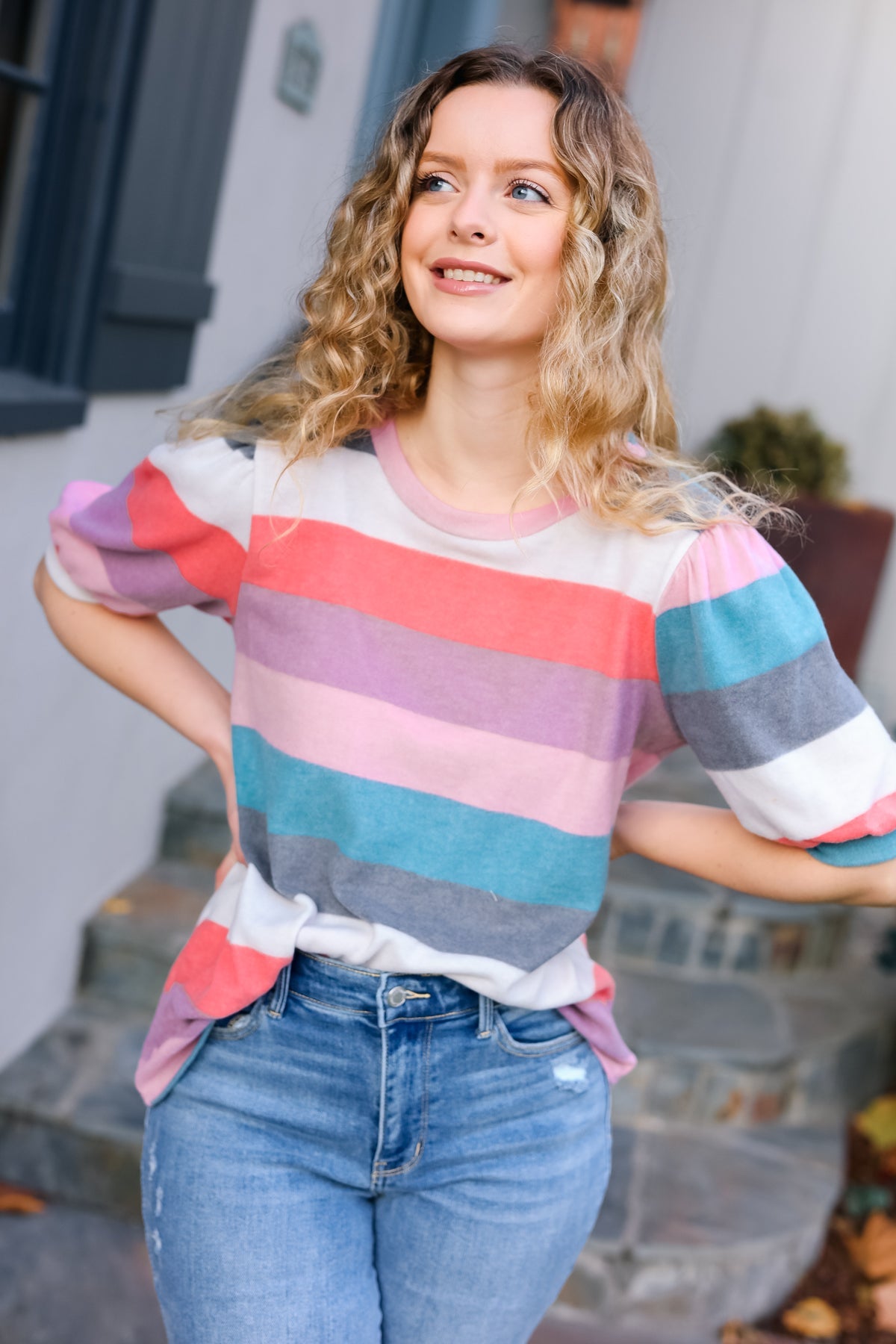 Look Out Teal & Rose Striped Hacci Knit Puff Sleeve Top | Women's Fashion Blouse | Casual & Party Wear | Perfect for Date Nights & Office Outfits