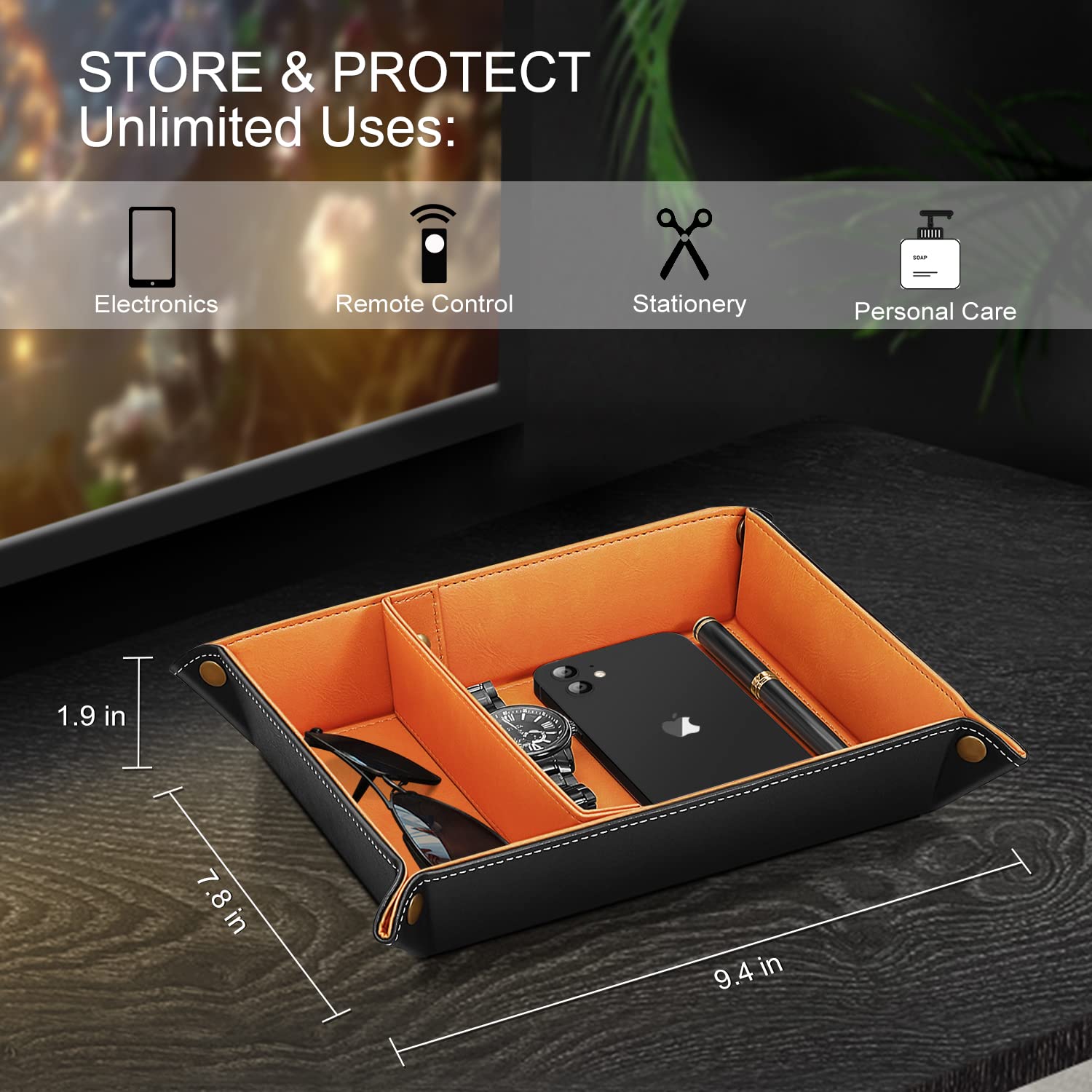SITHON Valet Tray with Removable 2 Compartments - Orange Desktop Organizer for Jewelry, Keys & Essentials | Bedside, Vanity & Nightstand Storage Solution | Perfect for Home Office & Dresser Organization