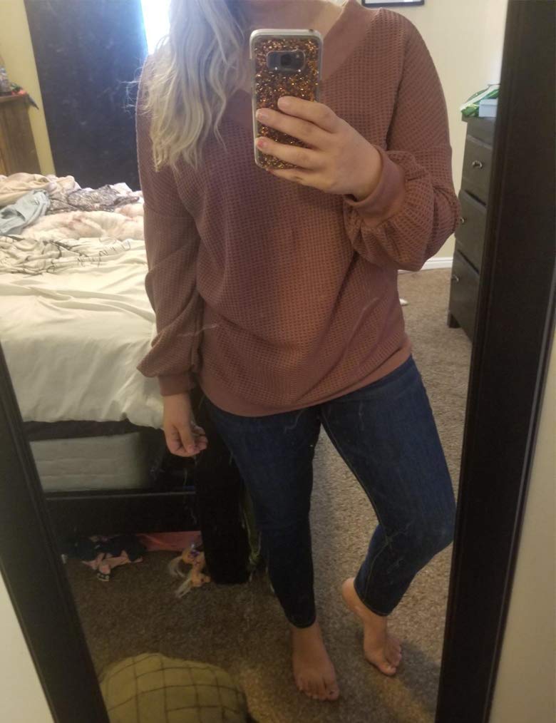Tobrief Women's V Neck Long Sleeve Waffle Knit Top - Off Shoulder Oversized Pullover Sweater for Fall & Winter, Casual Outfits, Date Night, and Office Wear