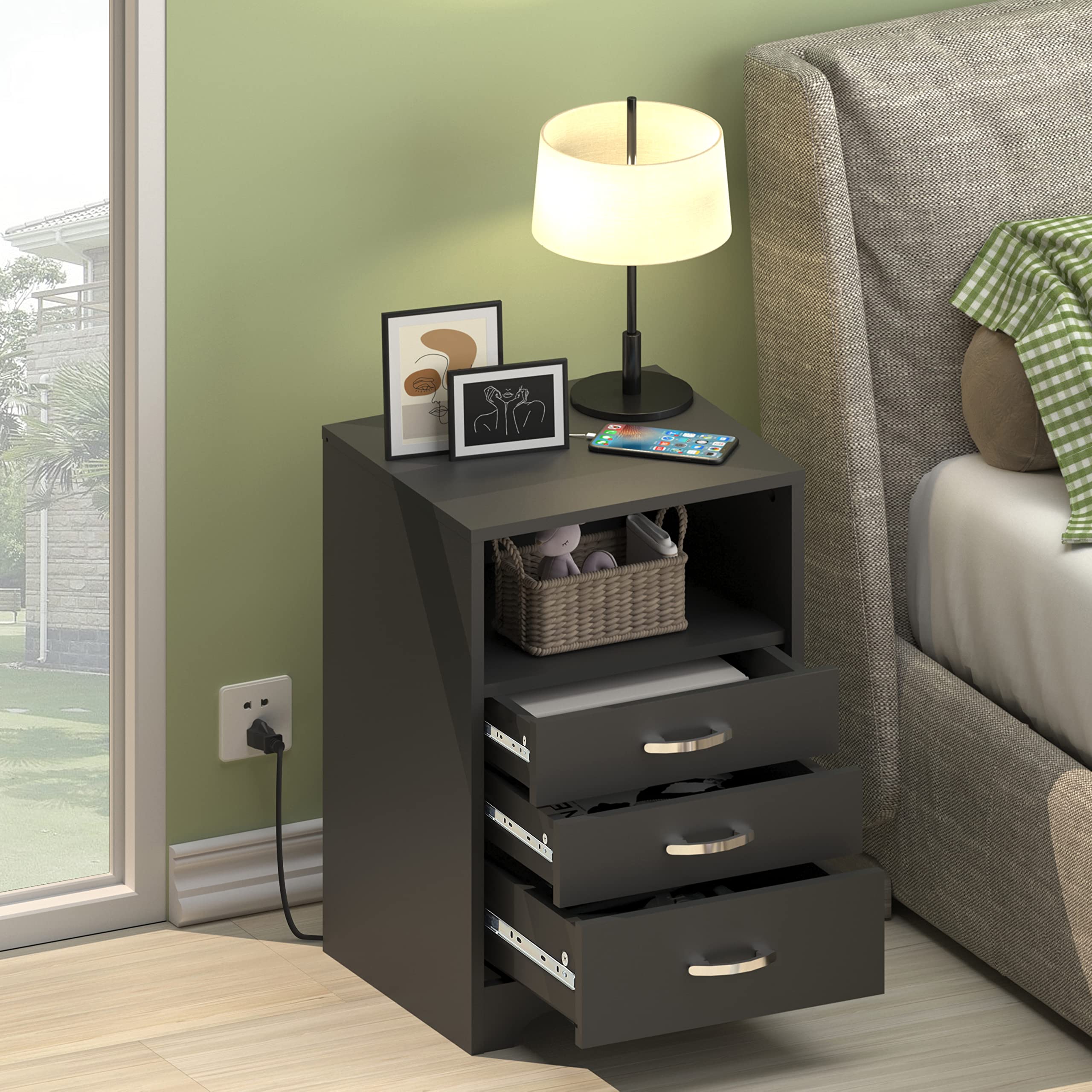 Black Nightstand with 3 Drawers & Charging Station - Bedside Table for Bedroom Storage & Organization