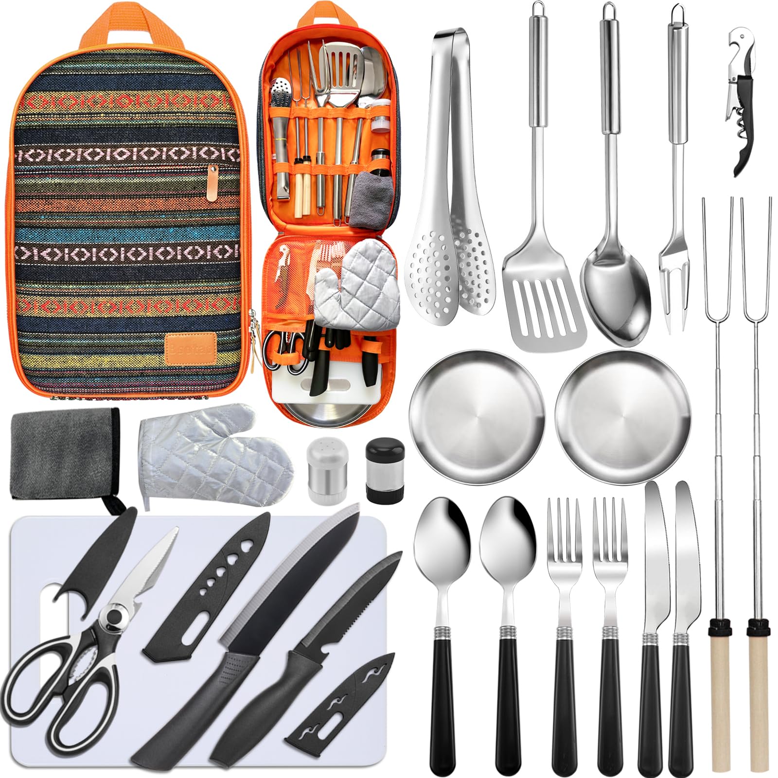 Camping Cooking Set - Stainless Steel & Silicone Utensils for RV, Tent & Outdoor Grilling | Perfect Camp Kitchen Gear
