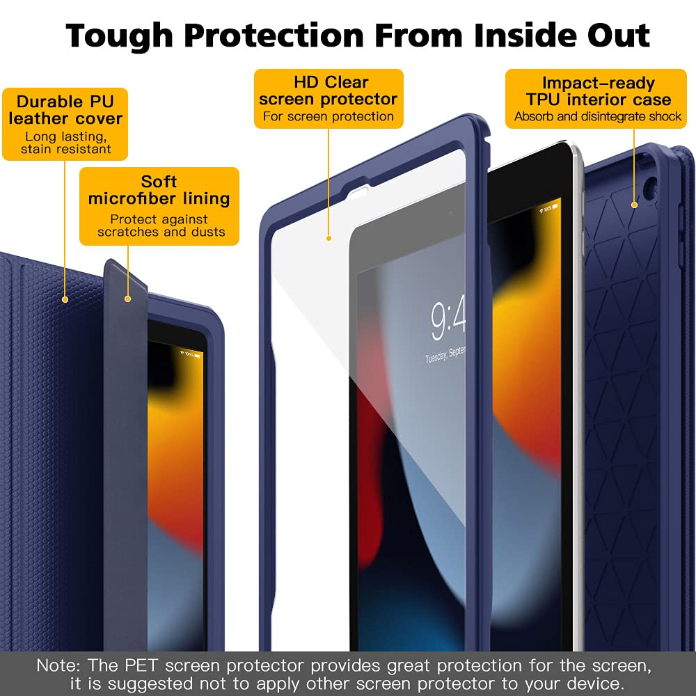 MoKo Shockproof Case for iPad 10.2 Inch (9th/8th/7th Generation 2021/2020/2019) - Built-in Screen Protector & Apple Pencil Holder, Auto Sleep/Wake, Full Body Protection - Perfect for School, Work & Travel (Blue)
