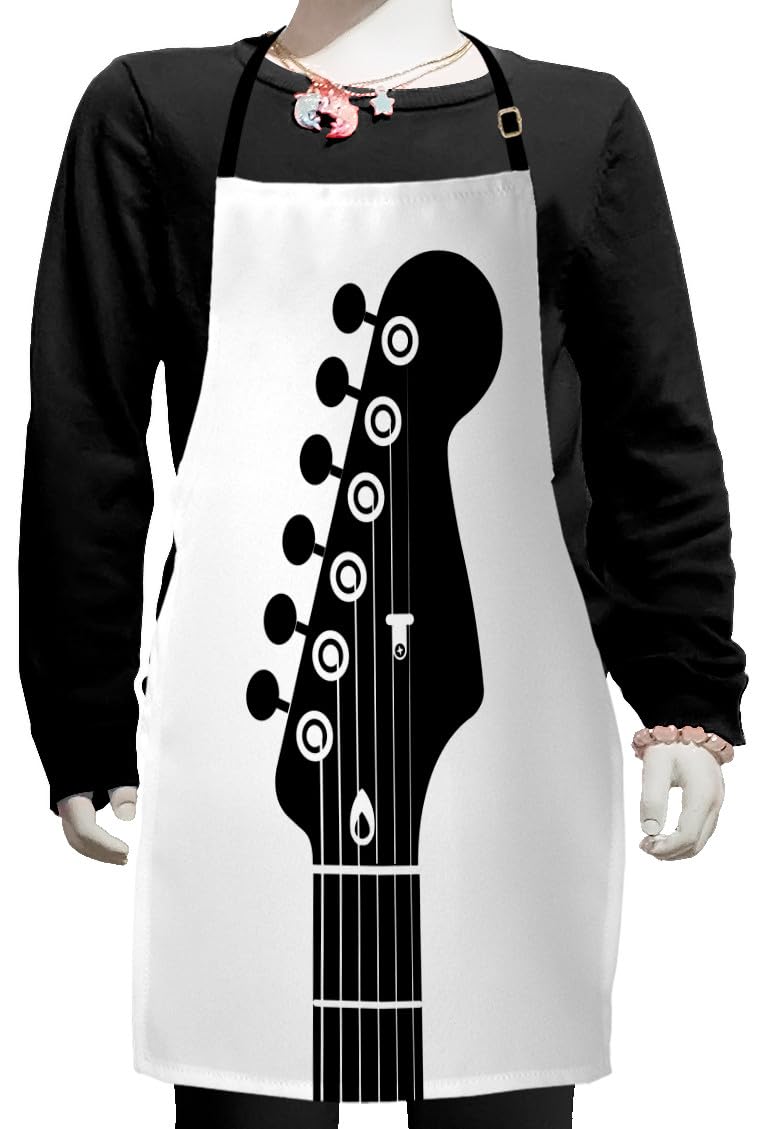 Ambesonne Guitar Apron - Adjustable Monochrome Half Guitar Design for Baking & Painting | Small Size Charcoal Grey & White | Perfect for Kitchen, BBQ, Pottery & Art Classes