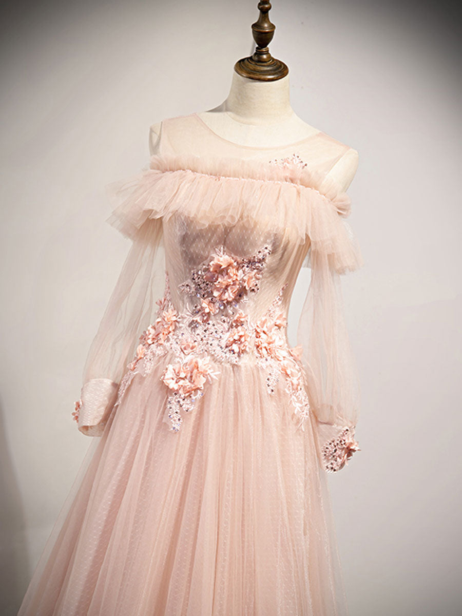 Elegant Pink Round Neck Tulle Lace Long Prom Dress - Formal Evening Gown for Homecoming, Quinceañera & Special Occasions