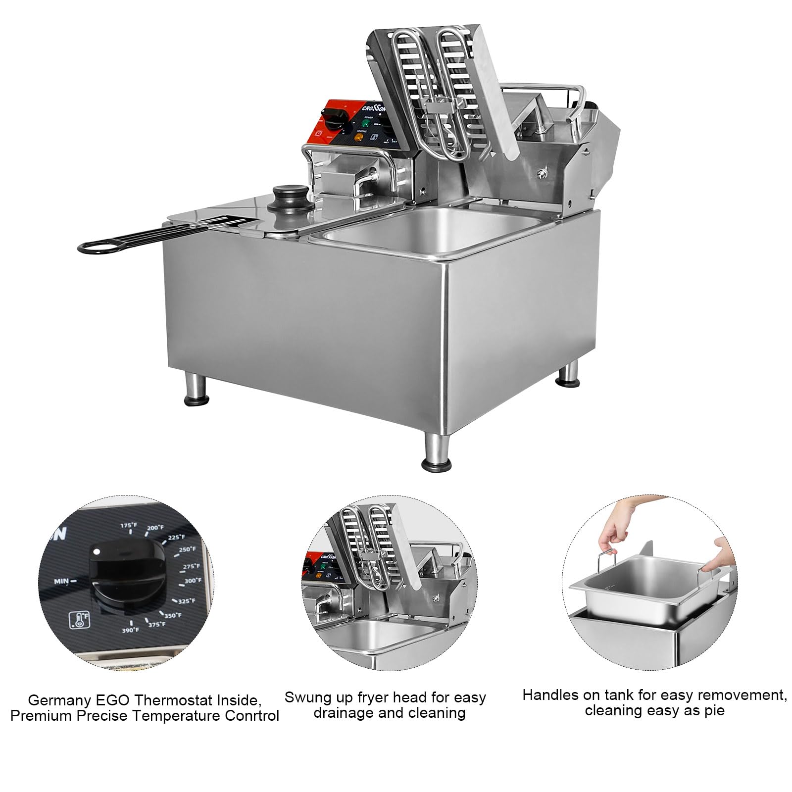 CROSSON 20Lbs Dual Tank Electric Deep Fryer with Rotary Fryer Head, 30-Minute Timer & Removable 304 Stainless Steel Oil Tank - Commercial & Home Use for Chicken, Fish, French Fries & Donuts