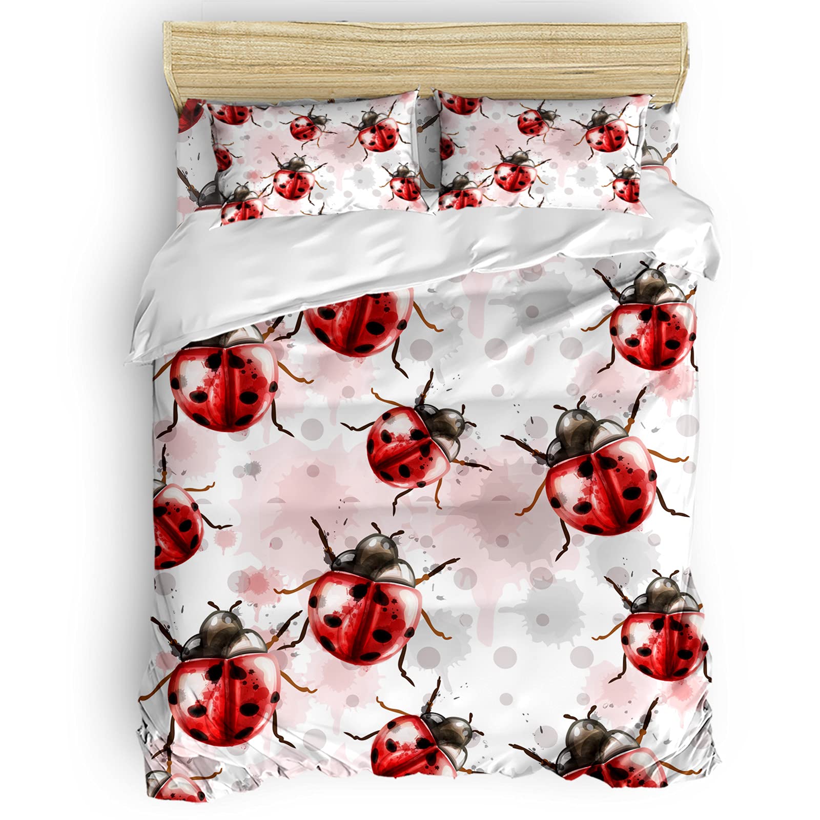 4-Piece Insect Painting Duvet Cover Set - Breathable Polyester Bedding with Quilt Cover, Pillow Shams & Fitted Sheet - Queen Size Watercolor Ladybug Design for Bedroom Decor | Perfect for Nature-Themed Rooms, Kids' Bedrooms & Cozy Home Styling