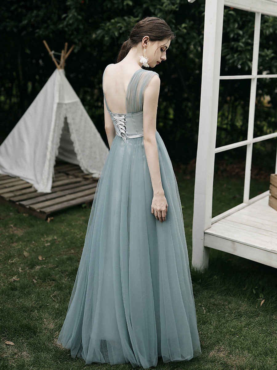 Elegant Green Tulle A-Line Long Prom Dress & Bridesmaid Gown - Perfect for Formal Dances, Weddings, and Special Occasions