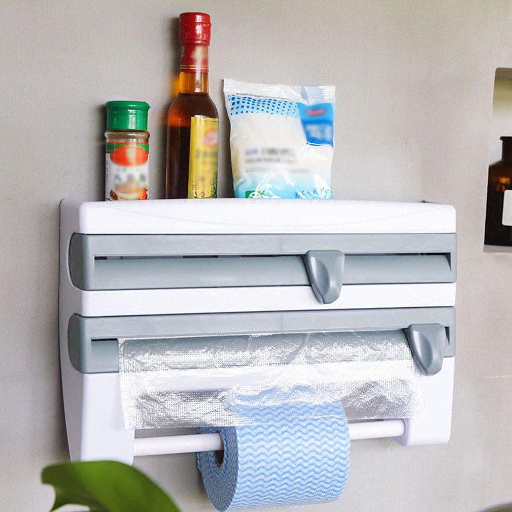 3 in 1 Wall-Mount Storage Rack for Kitchen & Bathroom - Spice Organizer with Paper Towel Holder, Aluminum Foil & Plastic Wrap Dispenser (Blue) - Space Saving Solution for Small Kitchens, Bathrooms & Pantries