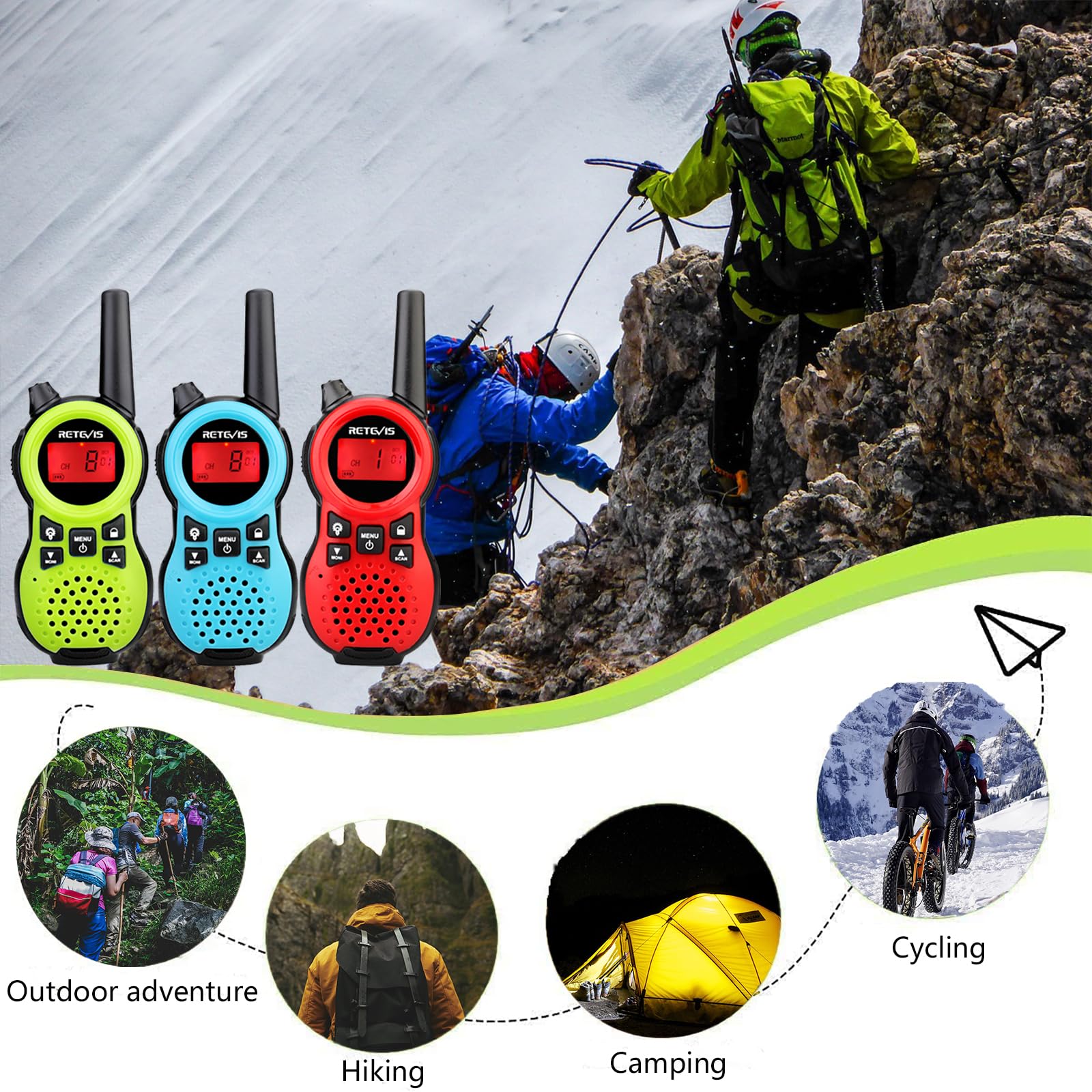 Retevis RT38 Walkie Talkies 3 Pack - Long Range 2 Way Radio with 22 Channels, USB Port & VOX Hands Free - Compact FRS Radios for Family, Camping, Hiking, Travel (Red, Blue, Green) - Perfect for Outdoor Adventures, Emergency Communication & Group Activities