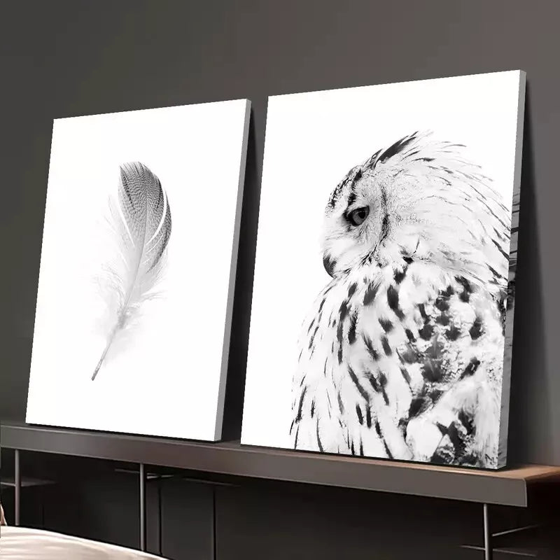 2PCS Owl Black and White Animal Feather Painting Canvas Wall Art - 50x75cm Framed High Quality Print - 100% Australian Made - Ready to Hang - Perfect for Living Room, Bedroom & Office Decor