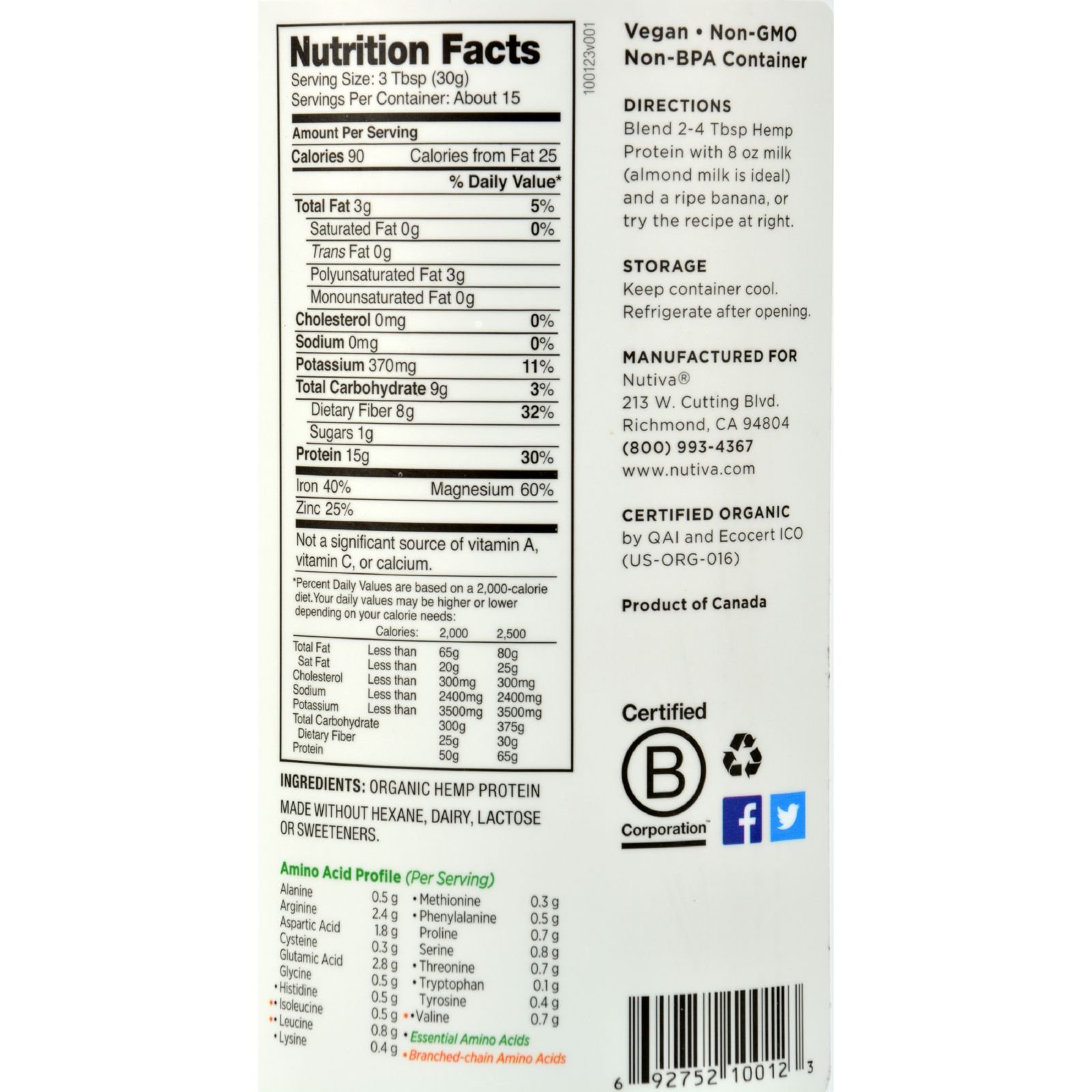 Nutiva Organic Hemp Protein Powder - 15g Plant-Based Protein per Serving | Vegan, Gluten-Free Superfood for Smoothies, Baking & Post-Workout Recovery