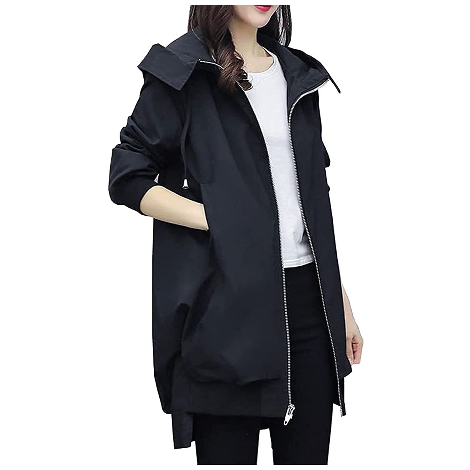 Women's Waterproof Raincoat with Zipper Pockets - Long Sleeve Hooded Windbreaker Jacket for Outdoor Hiking, Commuting & Travel