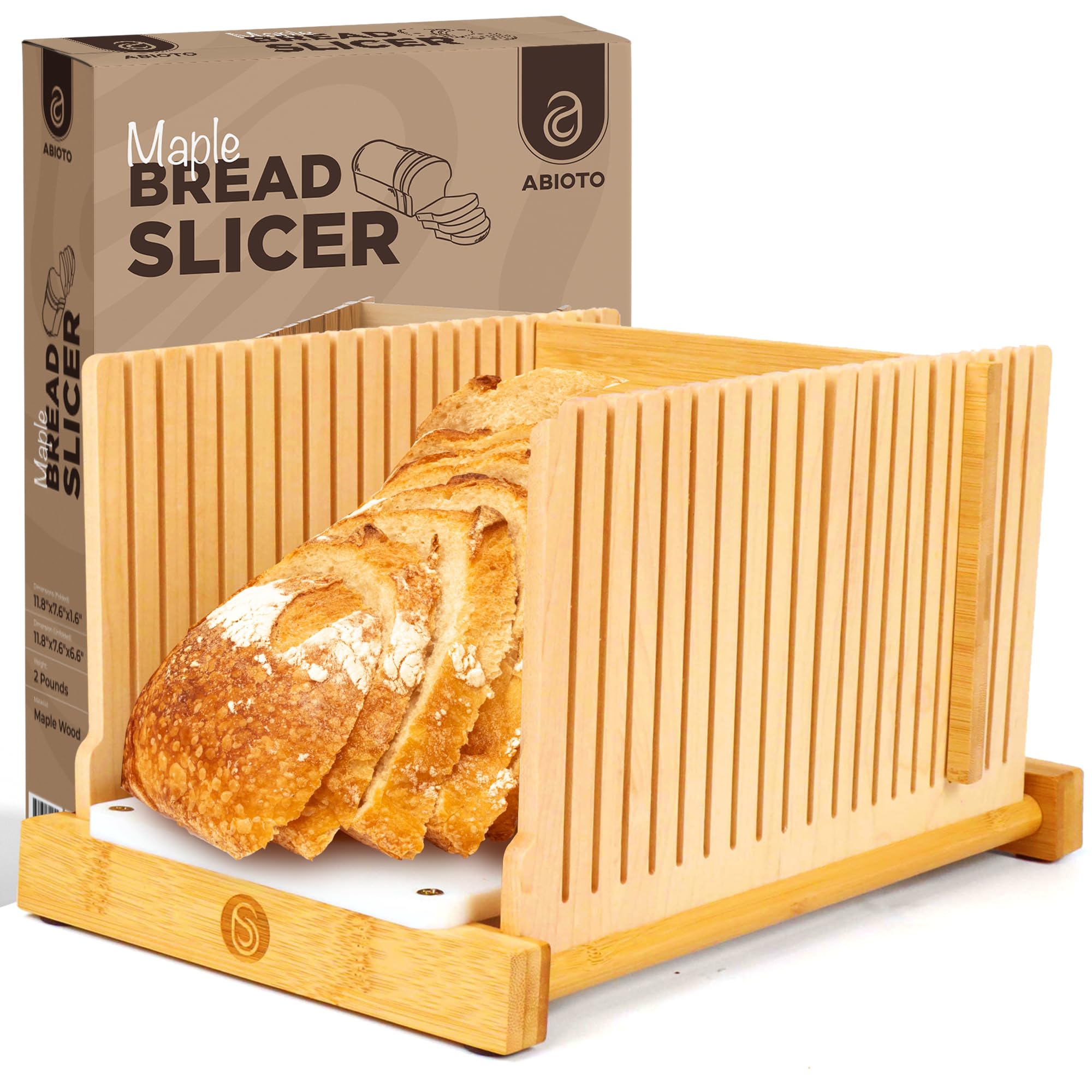 Premium Bread Slicer for Homemade Bread - HDPE Base & Maple Finger Guard - 4 Adjustable Thickness Settings - Foldable Bread Cutting Guide with Knife Grooves - Perfect for Kitchen, Bakery, and Gift Giving