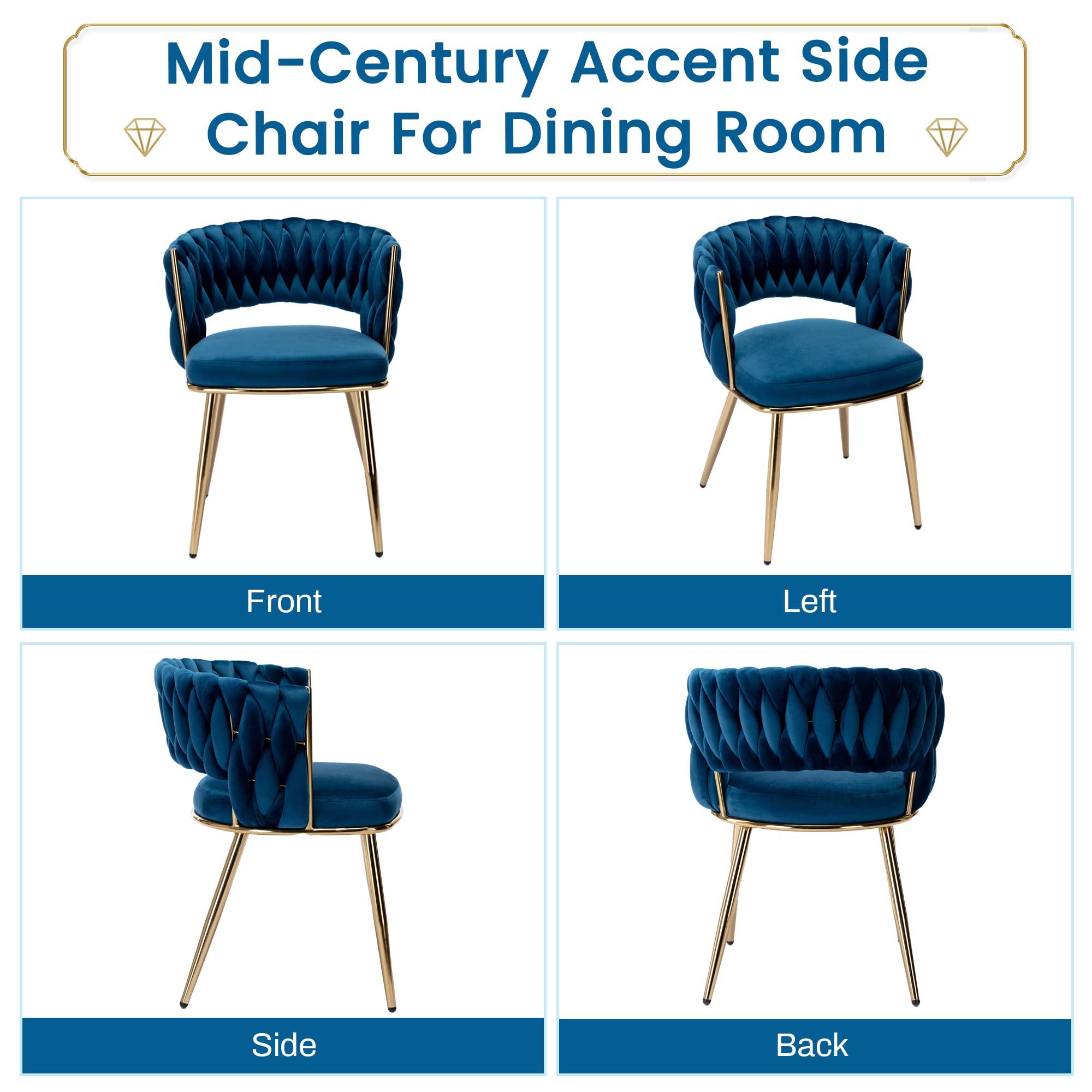 KCC Modern Velvet Dining Chairs Set of 2 - Blue Upholstered Living Room Chairs with Woven Back & Gold Metal Legs, Mid-Century Accent Side Chairs for Dining Room, Kitchen, Office or Lounge - Perfect for Entertaining Guests or Cozy Family Meals