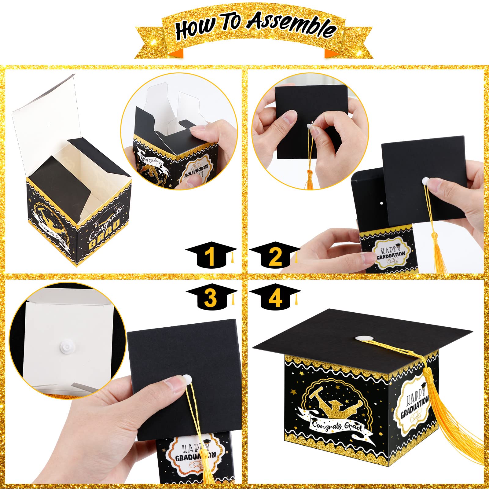 AerWo 30Pcs Gold and Black Graduation Party Favors - Congrats Grad Decorations, Graduation Cap Gift Box & Candy Box - Perfect for College & High School Graduation Party Decor 2025 - Great for Graduation Ceremonies, Open House Events & Commencement Celebrations