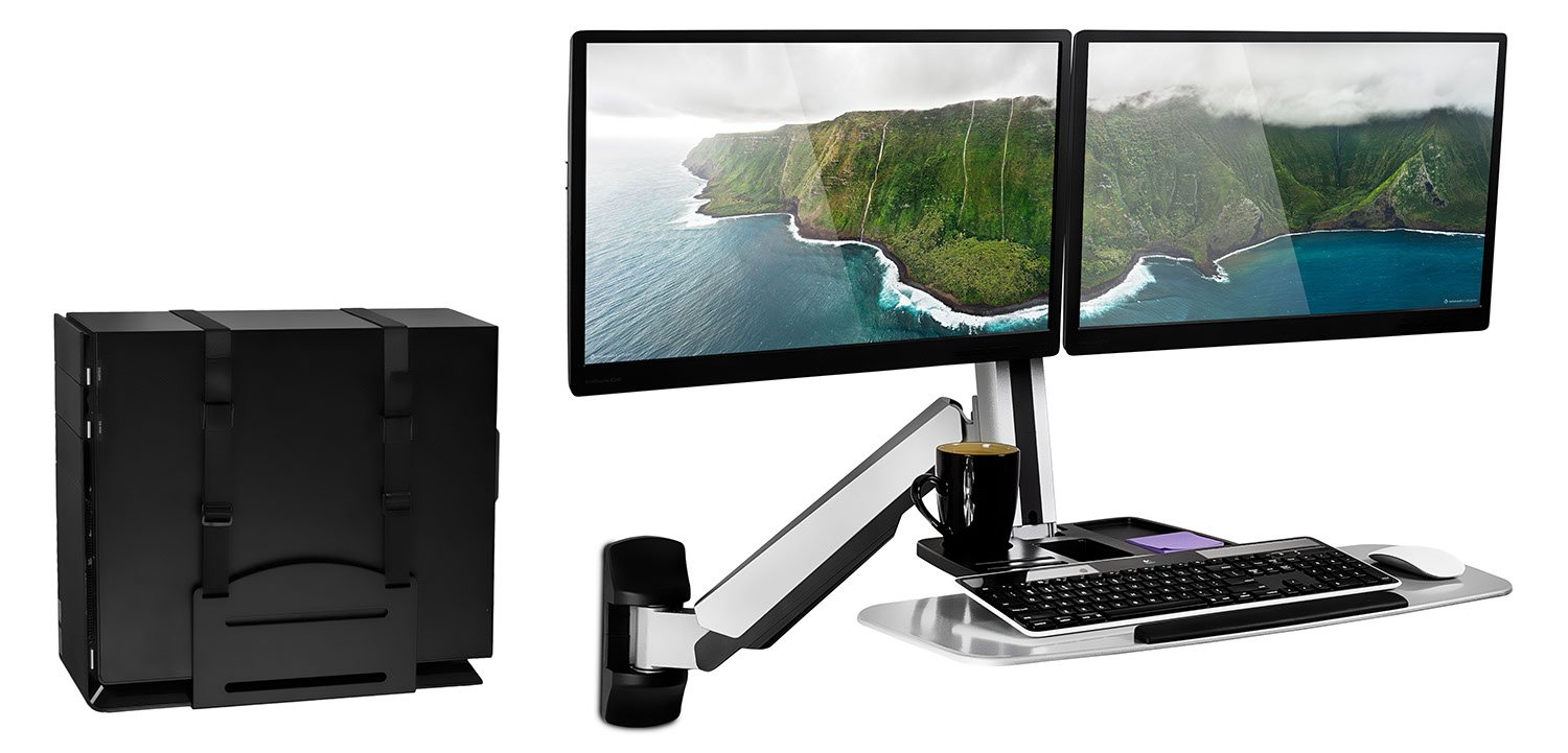 Mount-It! Adjustable Dual Monitor Wall Mount Stand Up Desk Workstation with Articulating Keyboard Tray & CPU Holder - Perfect for Home Office, Gaming Setup & Ergonomic Workspace