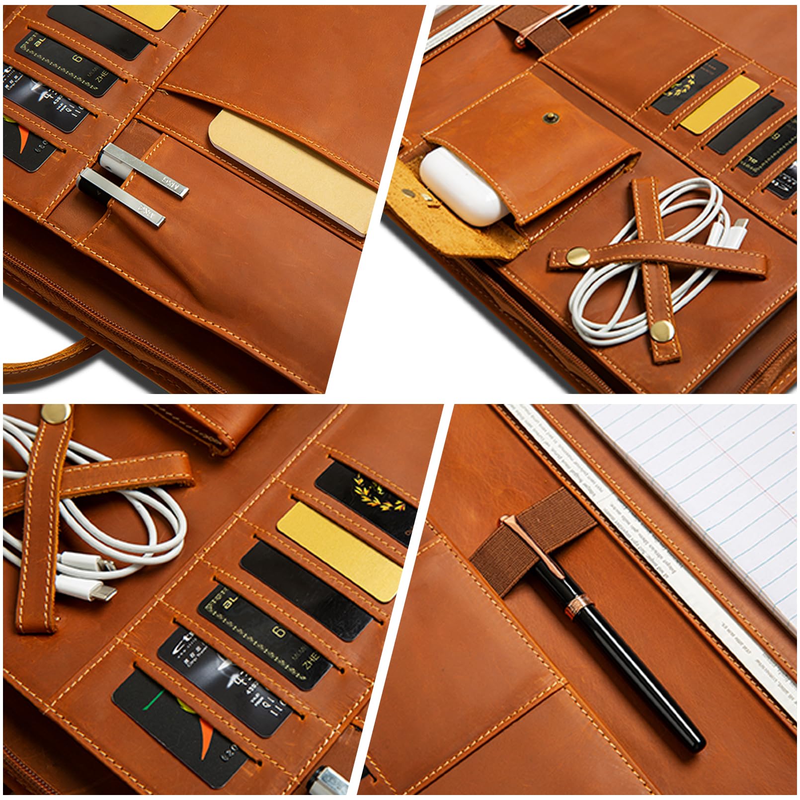 Premium Genuine Leather Portfolio Organizer with Handle & Zipper - Personalized Padfolio for Men & Women - Fits 15-inch Laptop & Legal Pad (Brown) - Ideal for Business Meetings, Office Work & Professional Presentations