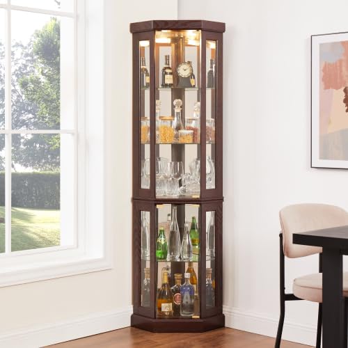 Antique White Corner Glass Curio Cabinet with LED Lights - Display Case for Living Room, Antique Collections, Wine & Bar Glass Storage - Perfect for Home Decor, Showcasing Collectibles & Entertaining Guests