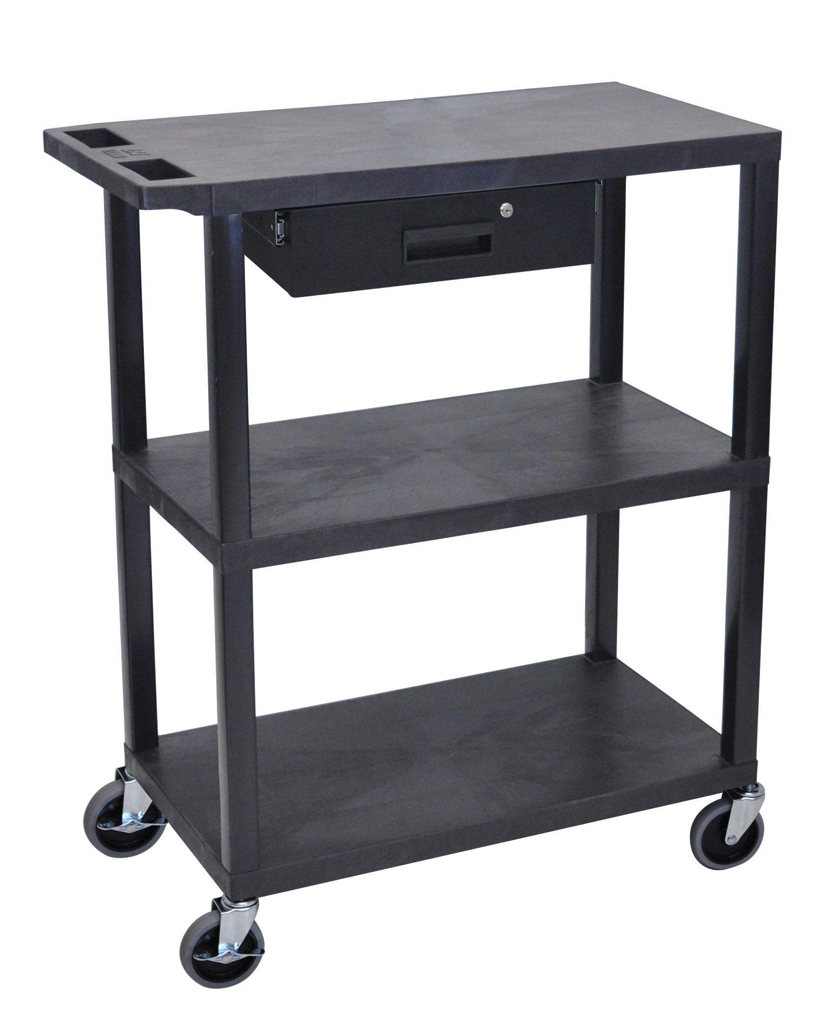 Luxor 3-Tier Black Flat Shelves with Drawer - Modern Storage & Display Station for Home Office, Retail, or Salon Organization