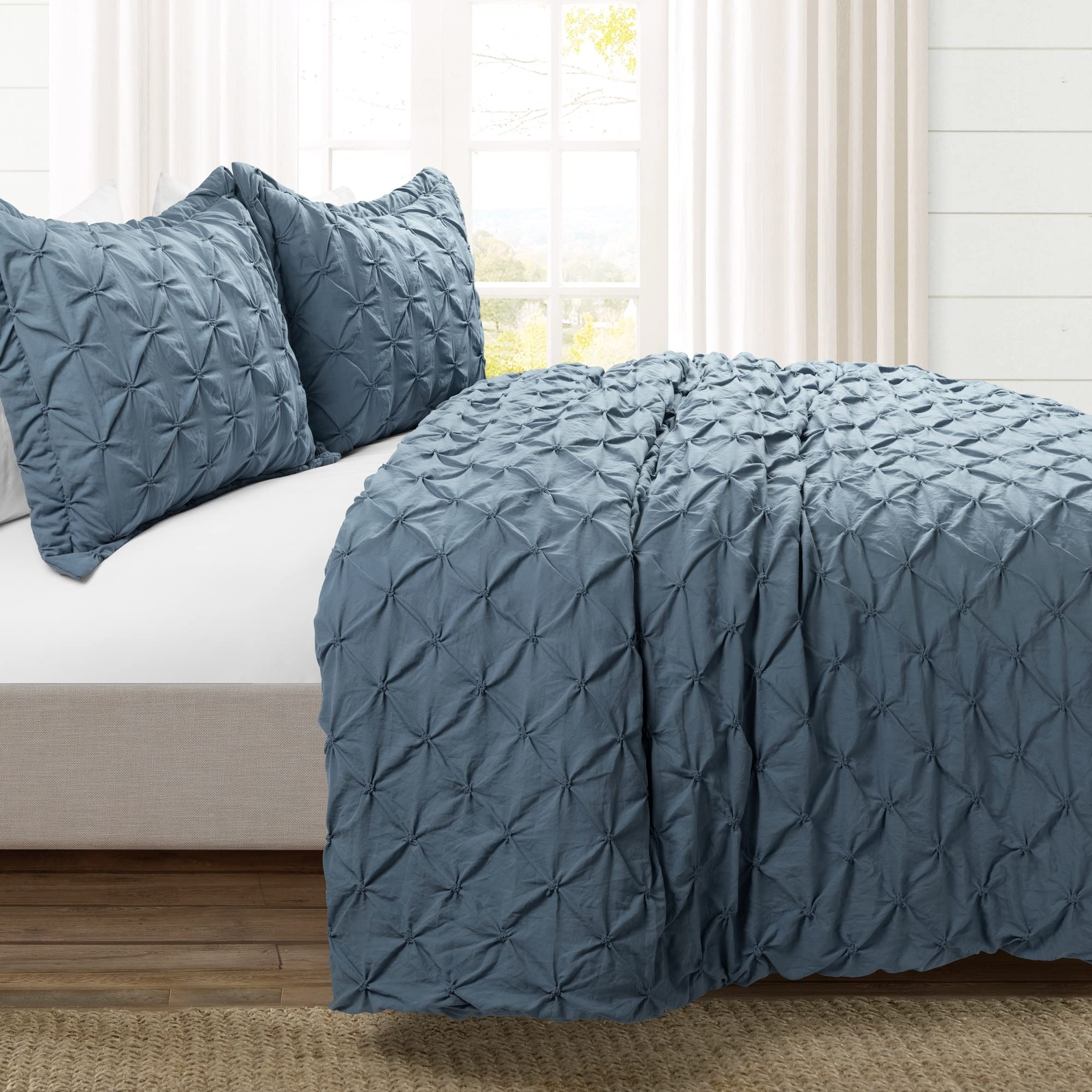 Luxury Lush Decor Ravello Pintuck Duvet Cover Set - 3 Piece Oversized Bedding with Textured Design - Elegant Farmhouse & Traditional Glam Style - Full/Queen Size in Stormy Blue - Perfect for Master Bedroom, Guest Room & Cozy Home Decor