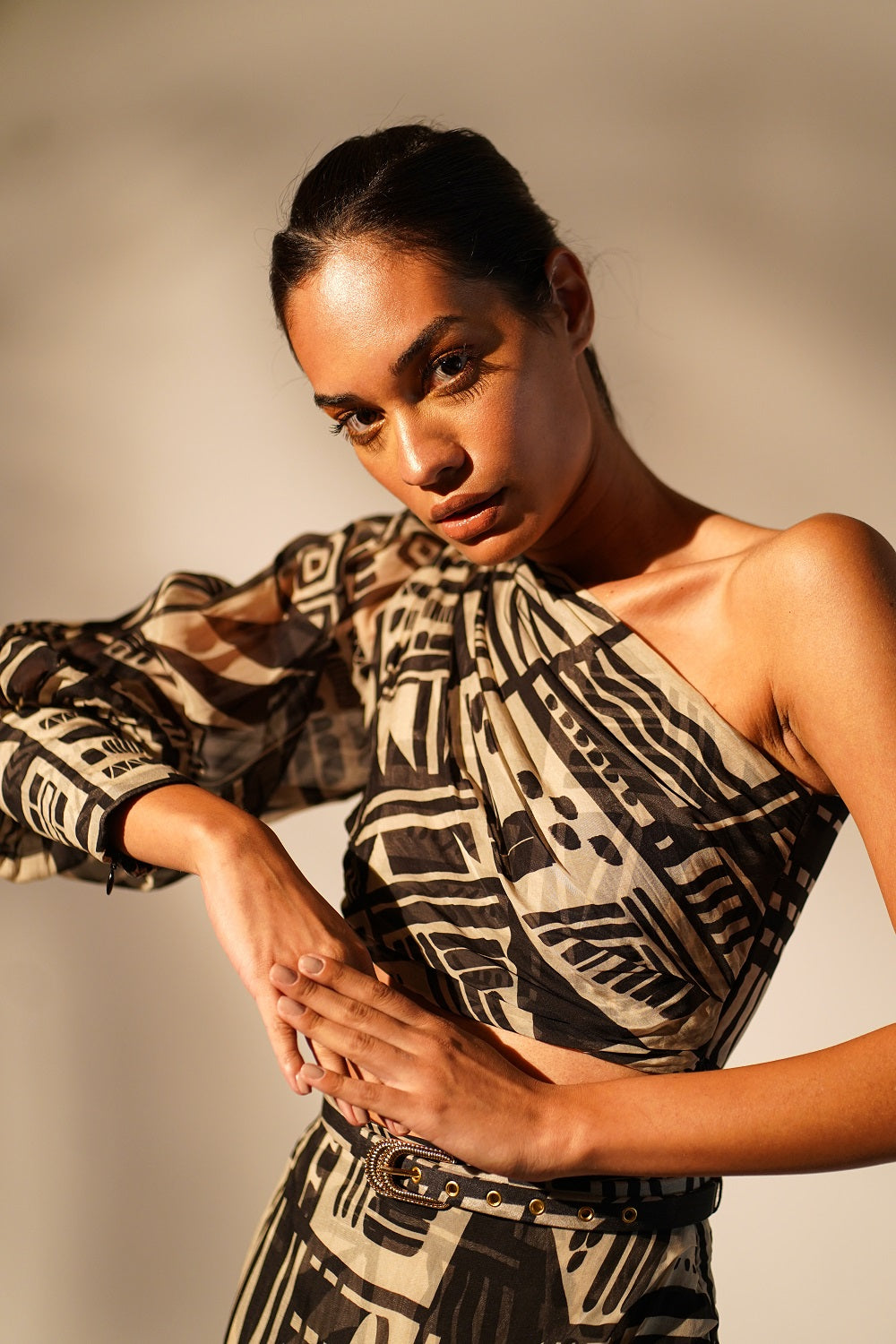White Abstract Print One Shoulder Top for Women - Trendy Summer Beach Party & Night Out Blouse