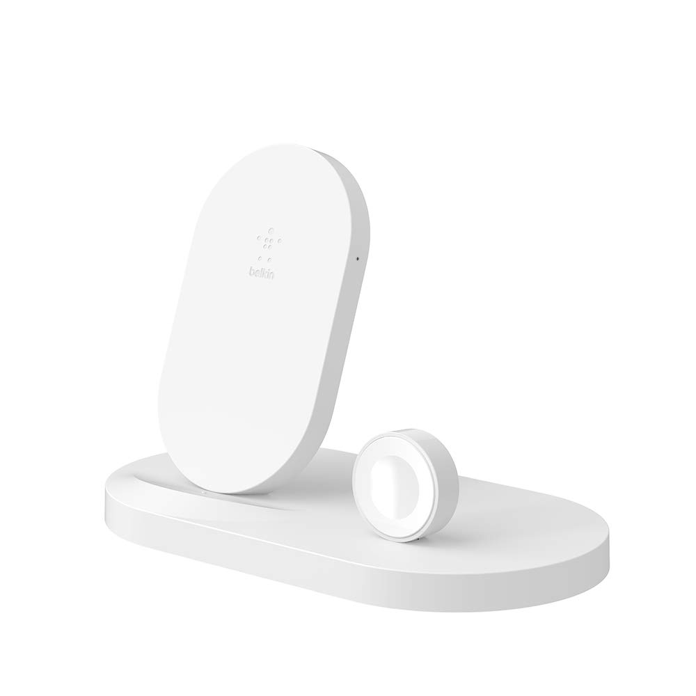 Belkin Boost Up 3-in-1 Wireless Charging Dock for iPhone 12/13/14/15 Pro Max & Apple Watch Series 9/8/7/SE - Fast Qi Charger with USB-A Port - White | Perfect for Bedside, Office & Travel Charging Station