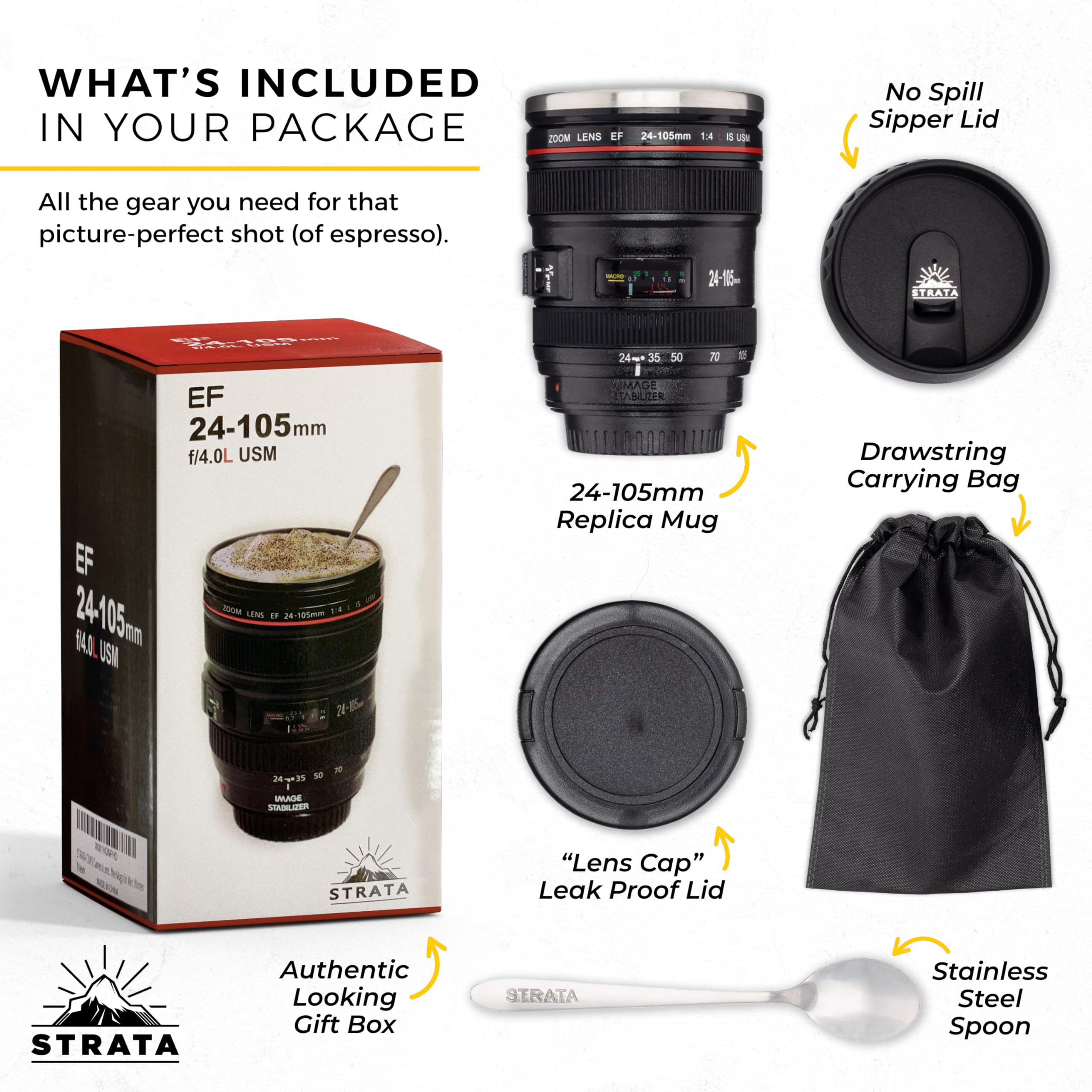 STRATA CUPS 13.5oz Camera Lens Coffee Mug with 2 Lids, Spoon & Gift Bag - Perfect Photography Gift for Men, Dad, Photographers - Great for Office, Home Use & Camera Enthusiast Collections
