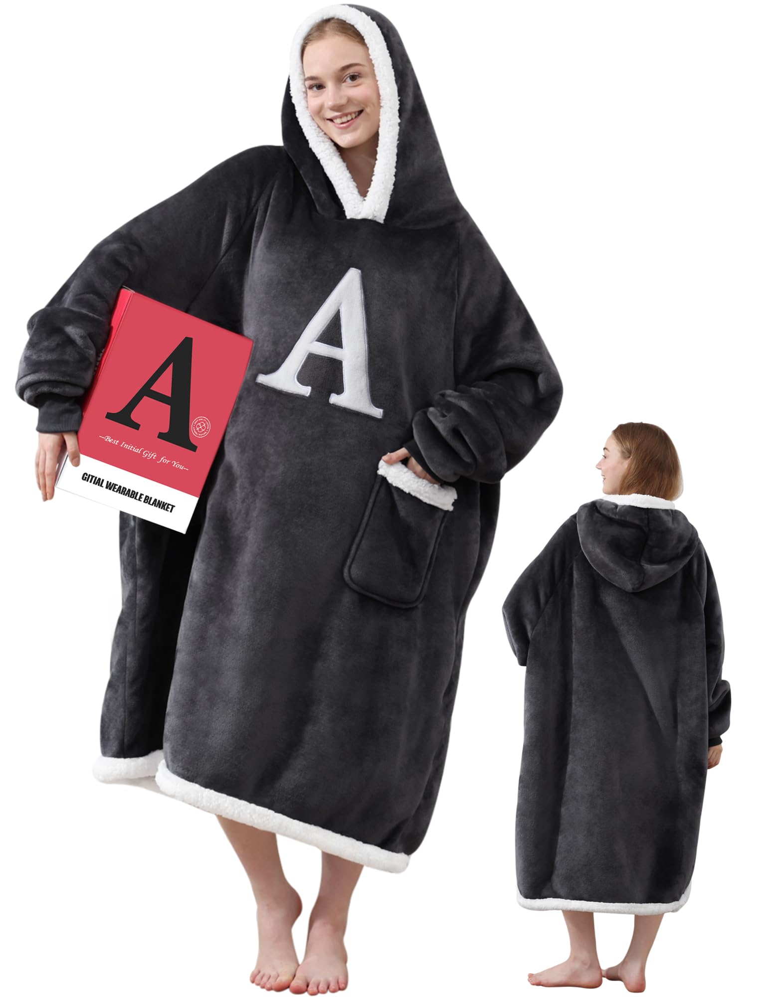 Personalized Monogrammed Wearable Blanket Hoodie - Custom Initial A-Z, Soft Fleece Sweatshirt Blanket for Women, Girlfriend, Mom & Wife - Perfect for Cozy Nights, Movie Marathons & Birthday Gifts
