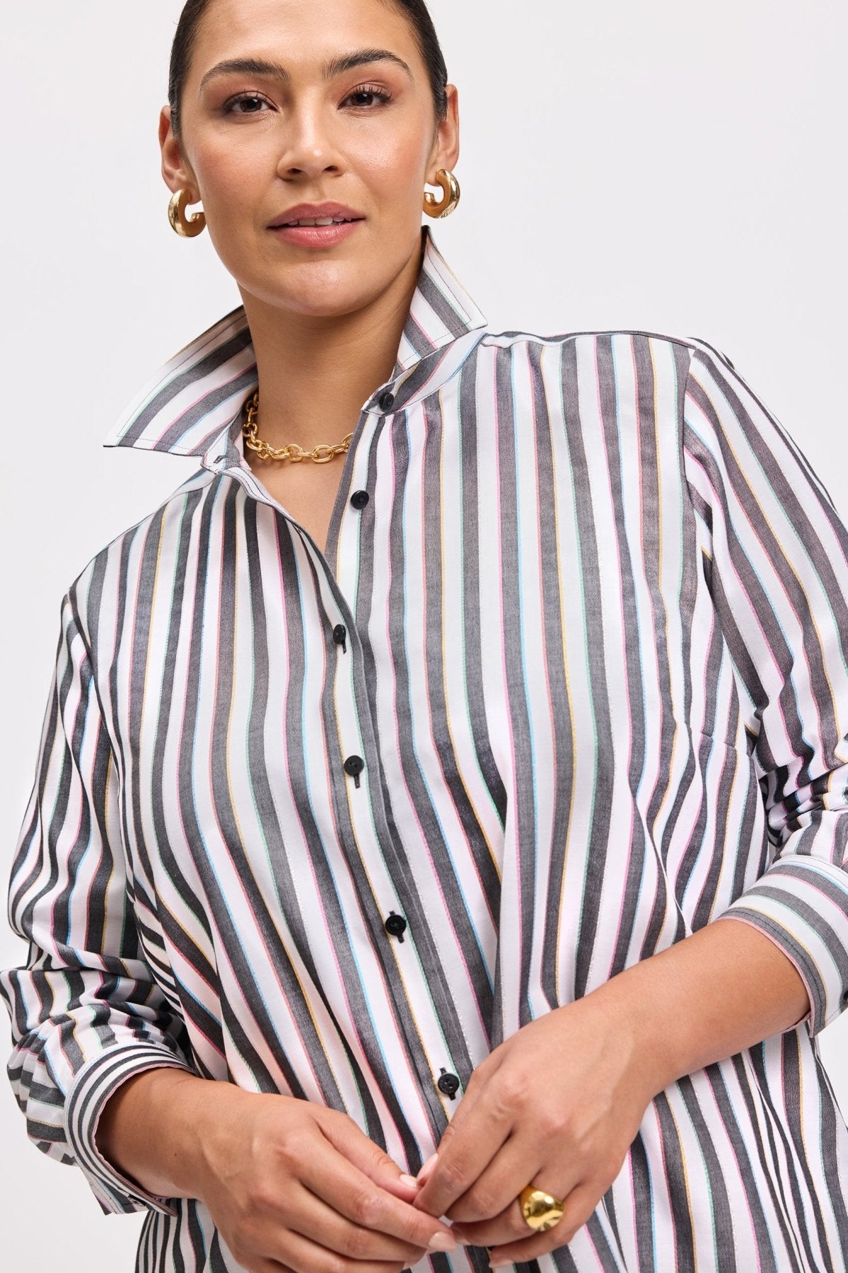 Stylish Boyfriend Plus Size Rainbow Lurex Stripe Long Sleeve Shirt for Women | Trendy Casual & Party Wear