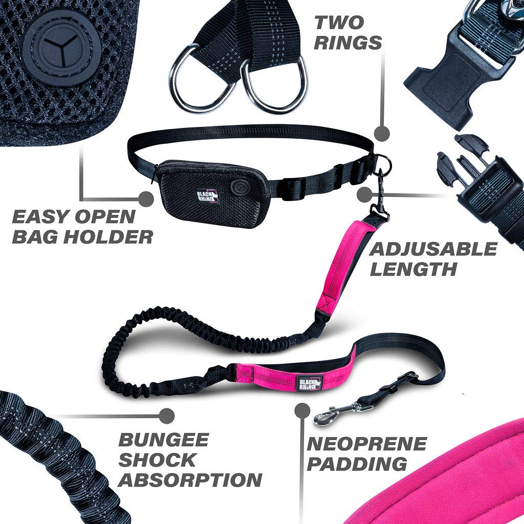 Premium Hands-Free Dog Leash for Running, Walking & Hiking - Adjustable Bungee Leash with Dual Handle & Neoprene Pads for Medium to Large Dogs - Includes Free Running Pouch (Pink/Black) - Perfect for Outdoor Adventures, Jogging & Daily Walks