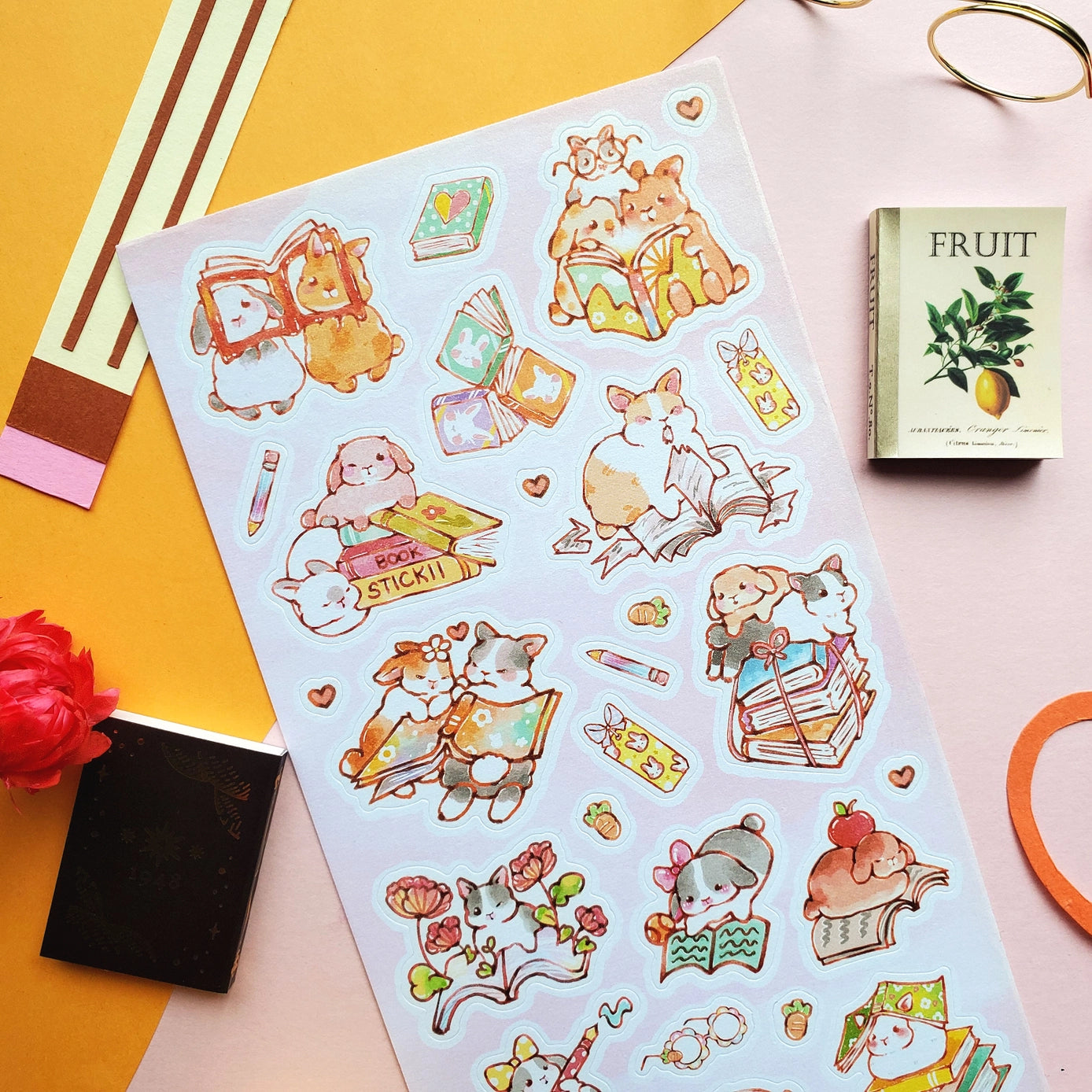 Bookish Bunnies Sticker Sheet - Cute Bunny Stickers for Planners, Journals & Scrapbooking - Perfect for Book Lovers & Stationery Enthusiasts