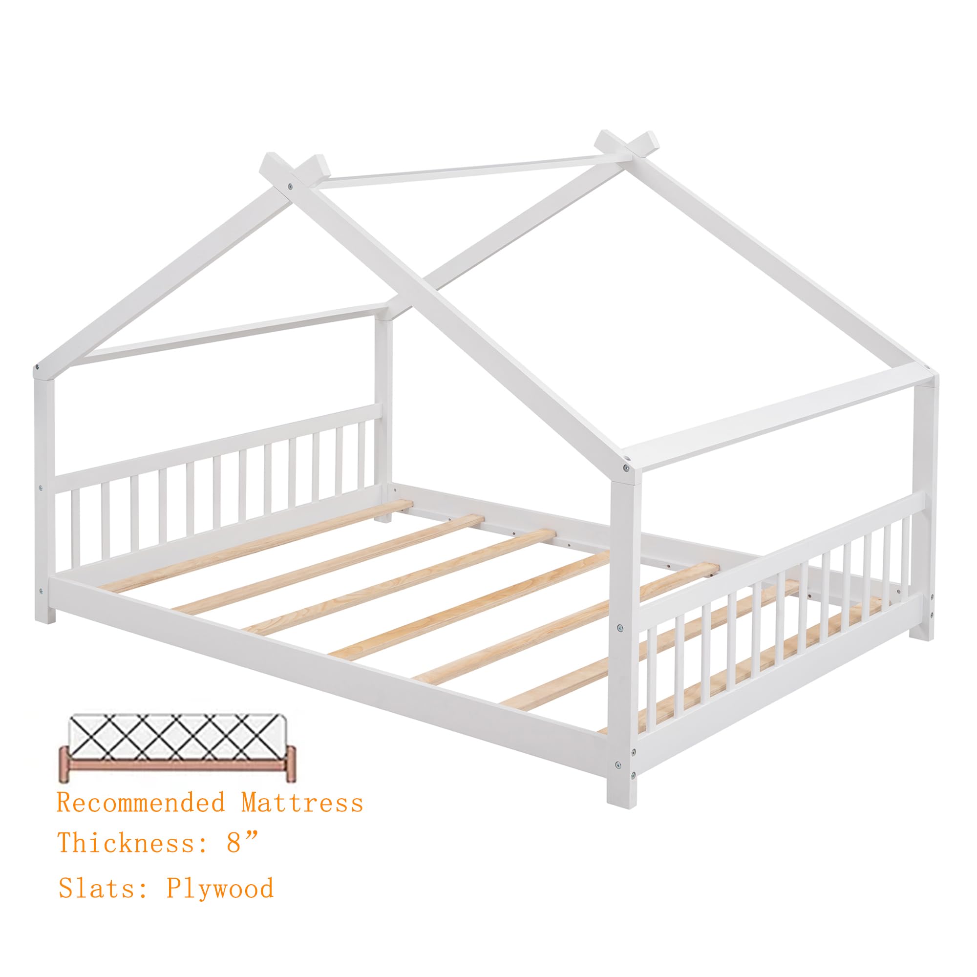 Montessori Floor Bed for Kids - Full Size Wooden Platform Bed Frame with Headboard & Footboard, No Box Spring Needed - Perfect for Toddler Rooms, Daycare & Montessori Classrooms (White)