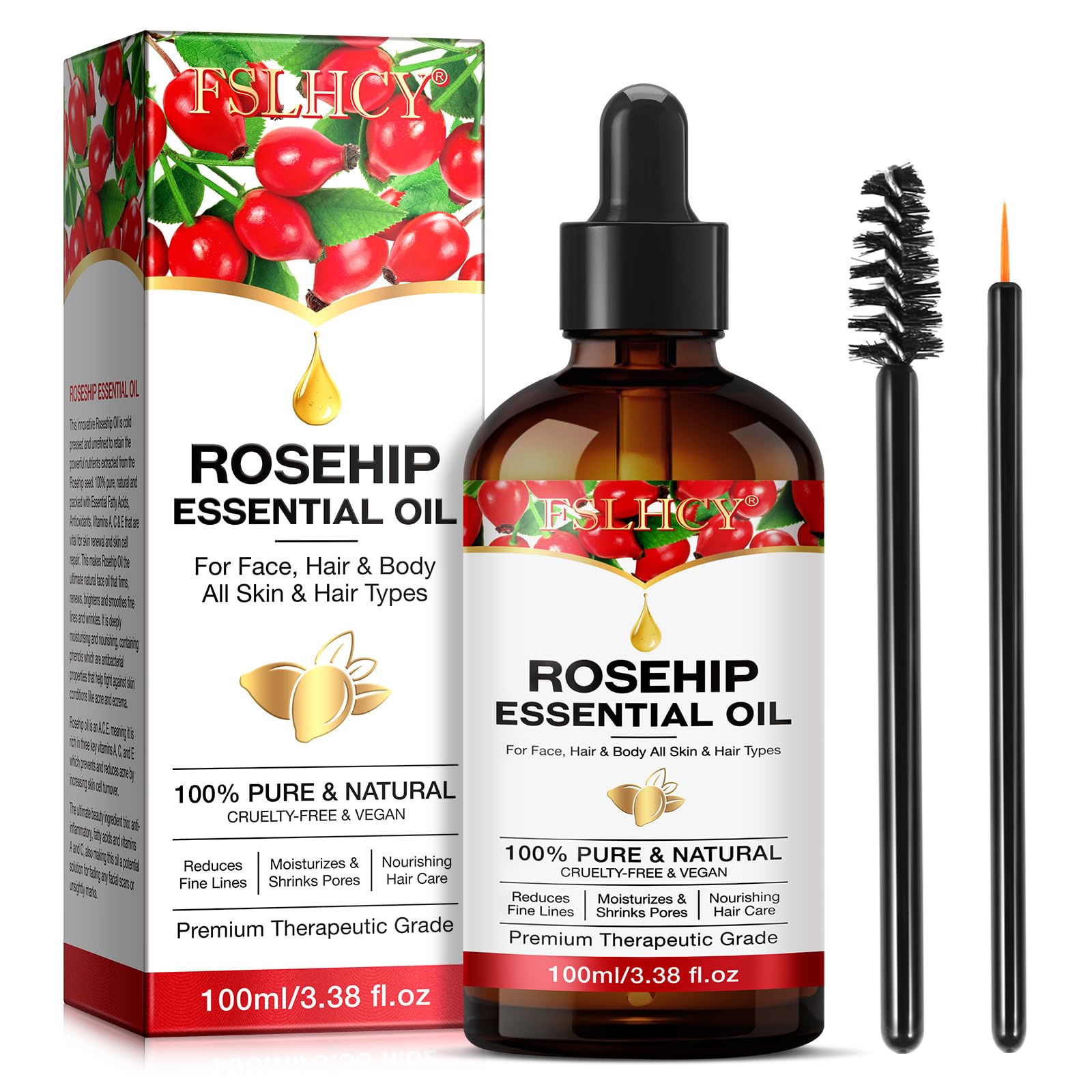 Organic Cold Pressed Rosehip Seed Oil 3.38 oz - 100% Pure & Natural Face Oil for Skin Care, Hair Growth, Gua Sha & Massage | Anti-Aging Moisturizer for Dry Skin, Acne Scars & Wrinkles | Perfect for Night Routine & DIY Beauty Treatments
