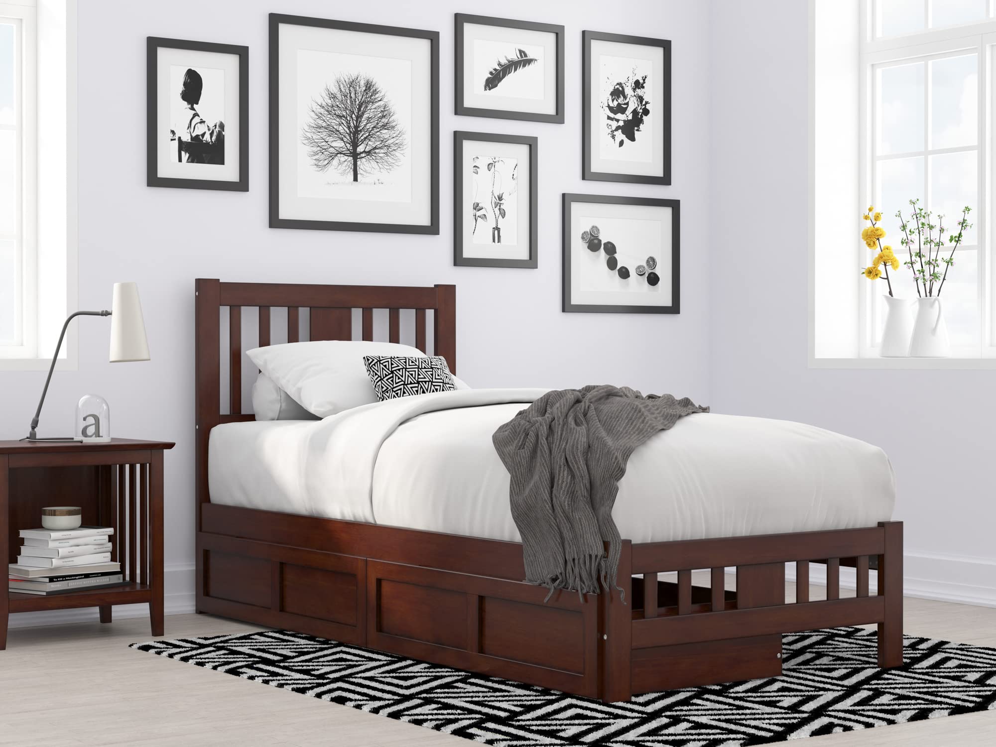 AFI Tahoe Twin XL Size Platform Bed Frame with Footboard & 2 Storage Drawers - Solid Walnut Wood for Small Spaces, Guest Rooms & Kids Bedrooms