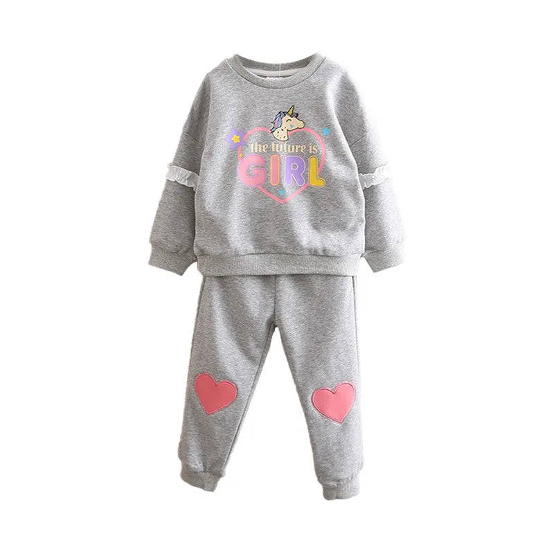 Girls Autumn Casual Sweater Suit Set - Cartoon Print Long Sleeve Round Neck Top & Love Pattern Pants 2-Piece Outfit | Perfect for School, Playdates & Family Photos