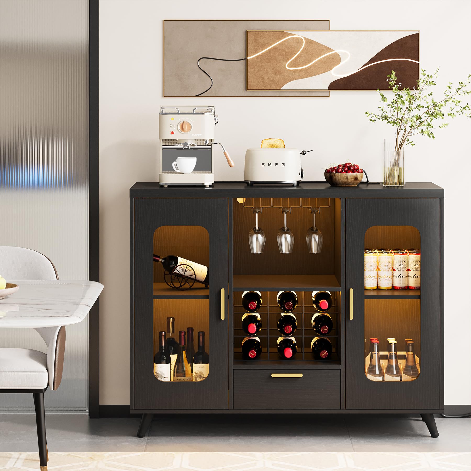 Modern Wine Bar Cabinet with LED Lights & Power Outlet - Coffee Liquor Cabinet with Wine Rack & Glass Holder - Buffet Sideboard for Dining Room, Living Room & Kitchen (Black) - Perfect for Home Entertaining & Stylish Storage