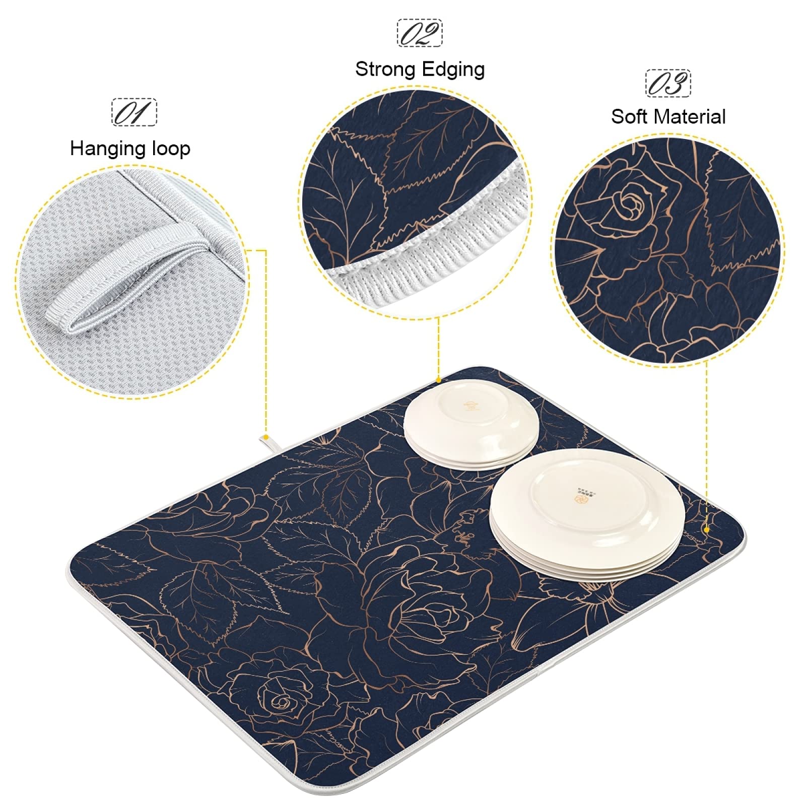 Premium Microfiber Dish Drying Mat 18x16 Inch - Absorbent Kitchen Counter Mat with Floral Design (Golden Rose/Peony/Daffodil) - Non-Slip Drying Pad for Dishes, Utensils & Cookware - Perfect for Kitchen Sink, Countertop & Dining Table Use