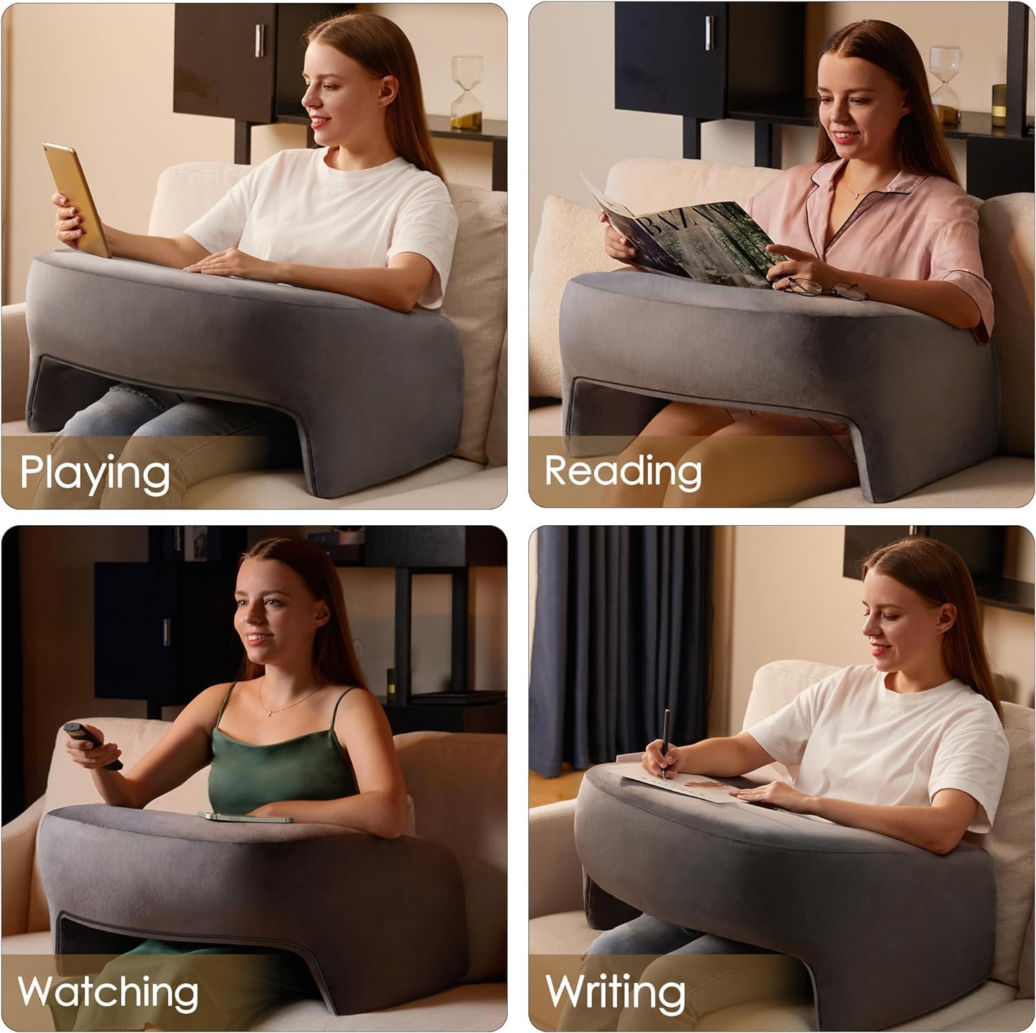 Homguava Memory Foam Reading & Gaming Pillow with Side Pocket - Ergonomic Back Support Cushion for Adults - Soft Furry Body Pillow for Bed, Sofa, Office (Grey) - Perfect for Reading, Gaming, Working & Relaxing at Home