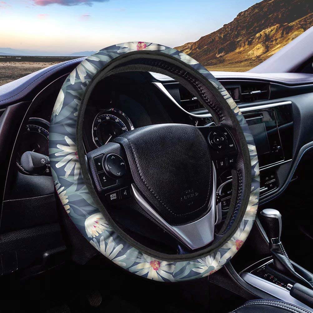 AFPANQZ Daisy Print Steering Wheel Cover - Non-Slip, Sweat Absorbing, Machine Washable (14-15 Inch Universal Fit) for Women - Perfect for Trucks, SUVs & Sedans - Gray - Great for Summer Driving & Long Commutes