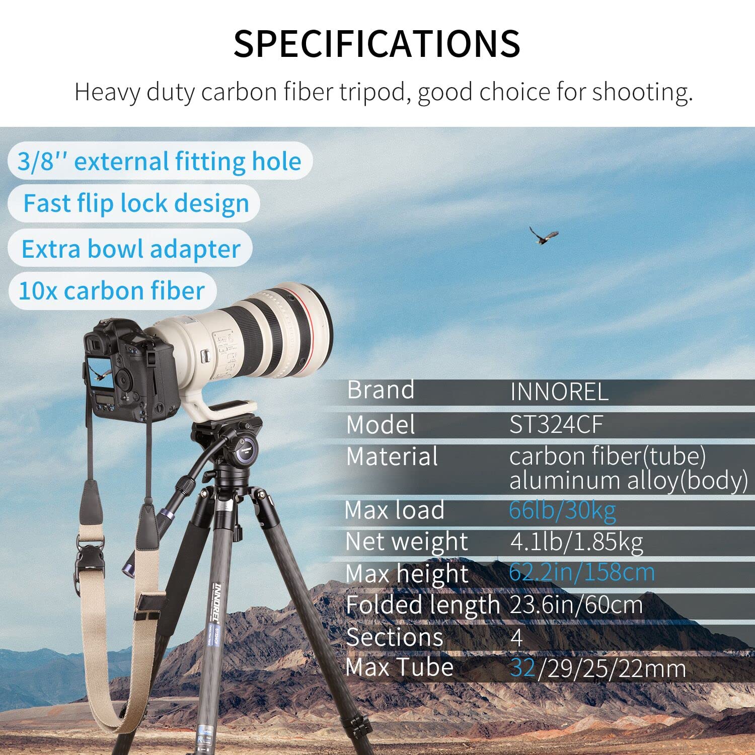 INNOREL ST324CF 32mm Carbon Fiber Tripod with Lever Lock - Heavy Duty Professional Camera Tripod Supports 30kg, 13-158cm Adjustable Height - Includes 58mm Bowl Adapter, Carry Bag & Camera Strap for Photography, Videography & Outdoor Shooting