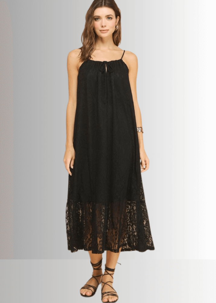 Gianna Black Lace Front Tie Midi Dress - Elegant Party & Wedding Guest Outfit for Women