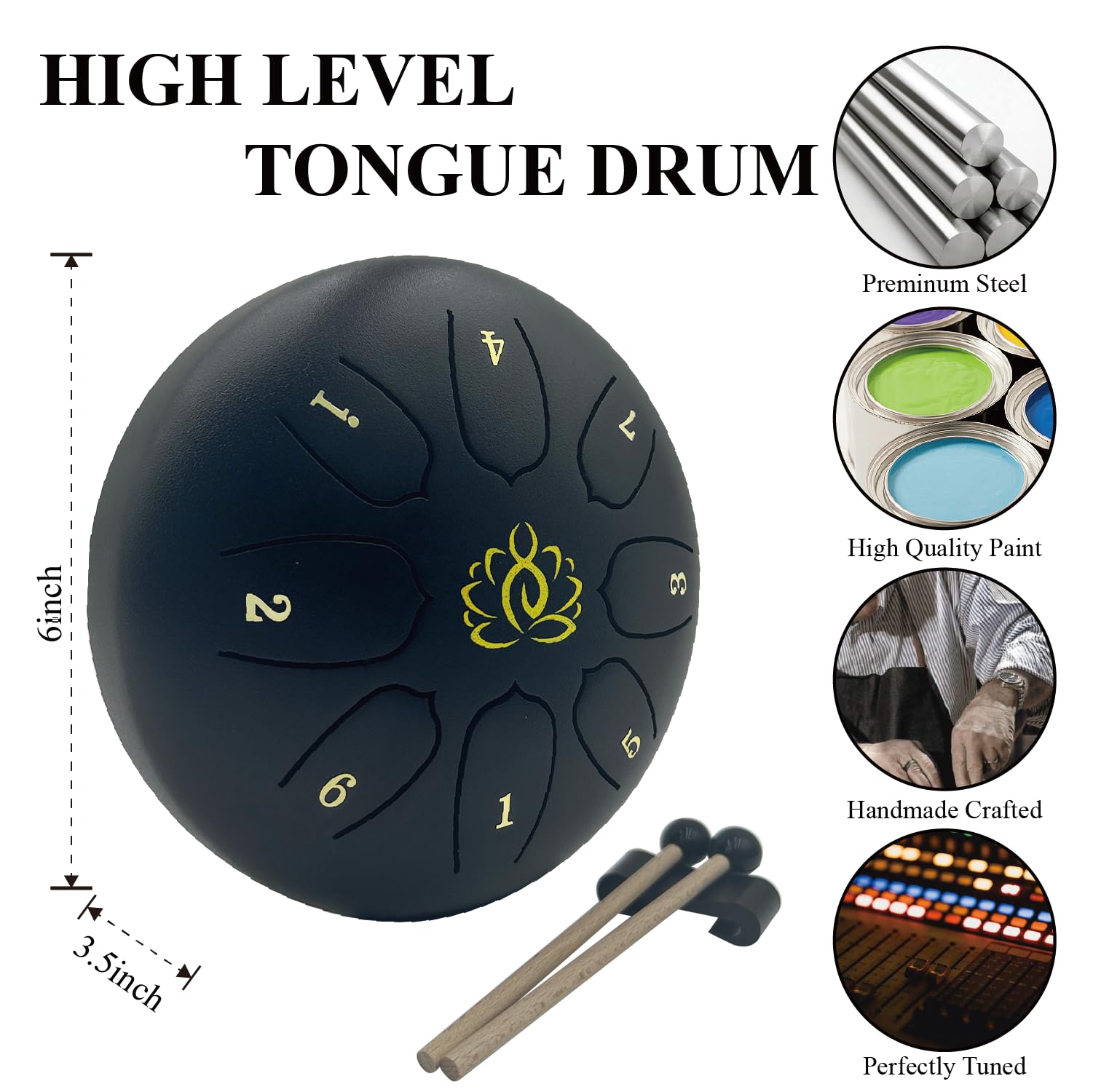 6 Inch 8 Note Steel Tongue Drum - Outdoor Rain Drum for Garden & Patio | Beginner Percussion Instrument with Drumsticks | Perfect for Meditation, Yoga & Relaxation (Matte Black)