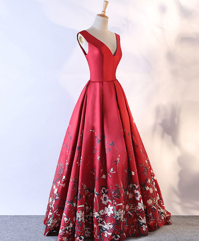Elegant Red Floral Long Prom Dress for Women - Formal Evening Gown for Homecoming, Wedding, and Special Occasions