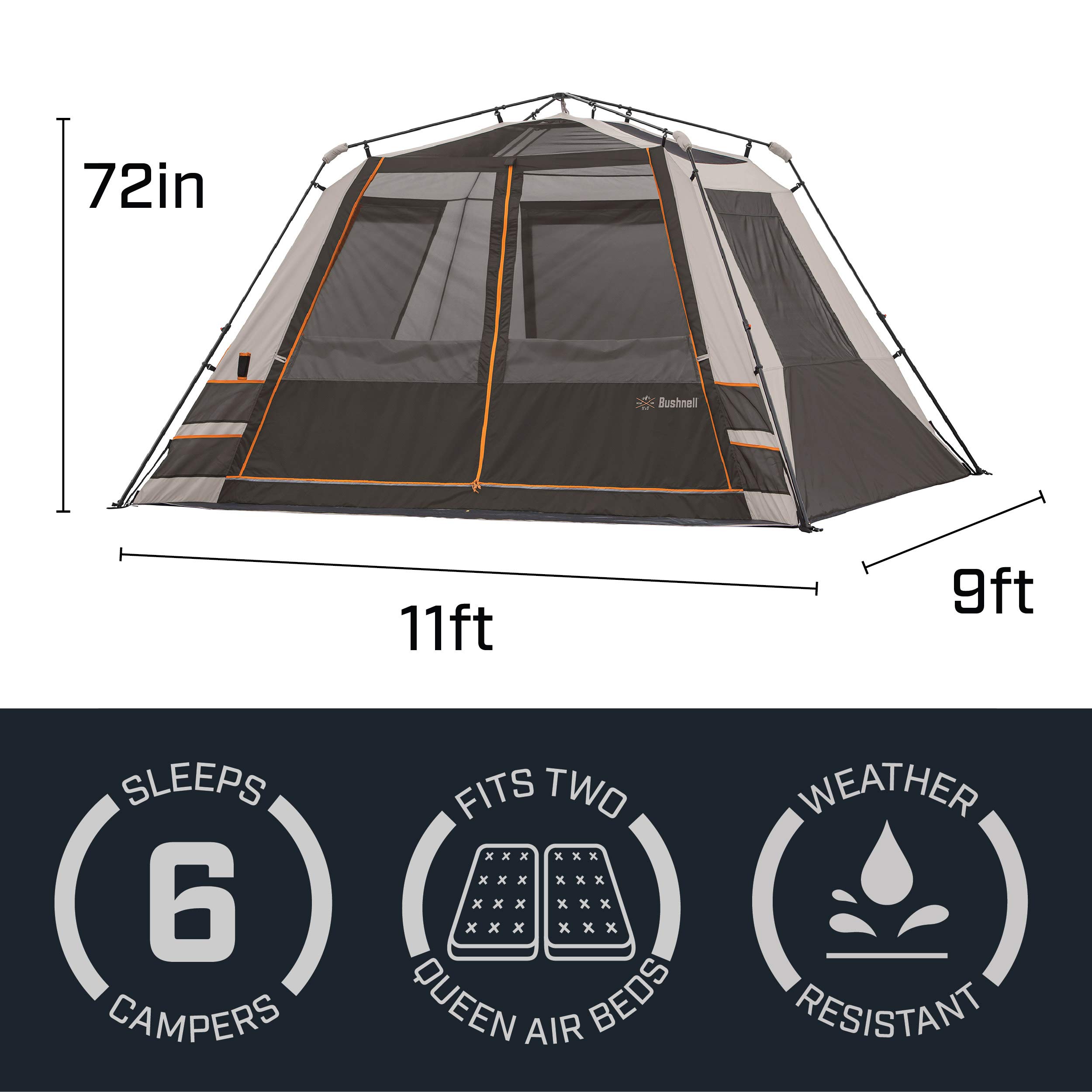Bushnell Instant Tent - 6/9/12 Person Shield Series Cabin Tent for 3-Season Camping | Fast Setup Family Tent for Hunting, Fishing & Outdoor Adventures | Perfect for Backpacking, Beach Trips & Music Festivals