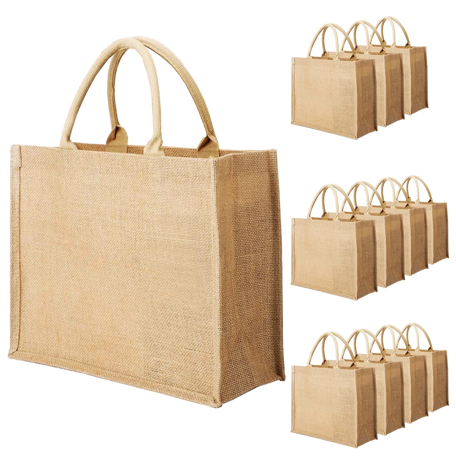 Segarty 12 Pack Large Reusable Jute Tote Bags - Eco-Friendly Burlap Canvas Gift Bags with Handles for Wedding, Bridesmaid, Grocery Shopping, Beach & Bachelorette Party | Bulk Blank Totes for DIY Crafts, Market Bags & Everyday Use