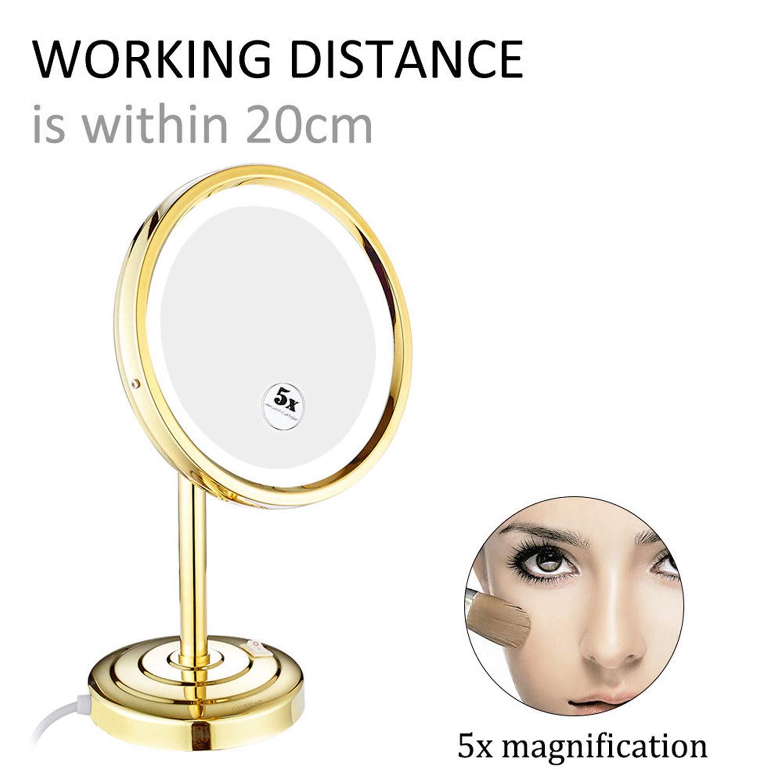 8 Inch Gold Standing LED Makeup Mirror with Light - 3X/5X/7X/10X Magnification, Brass Countertop Vanity Mirror with Touch Switch & Plug - Perfect for Shaving, Cosmetics & Grooming